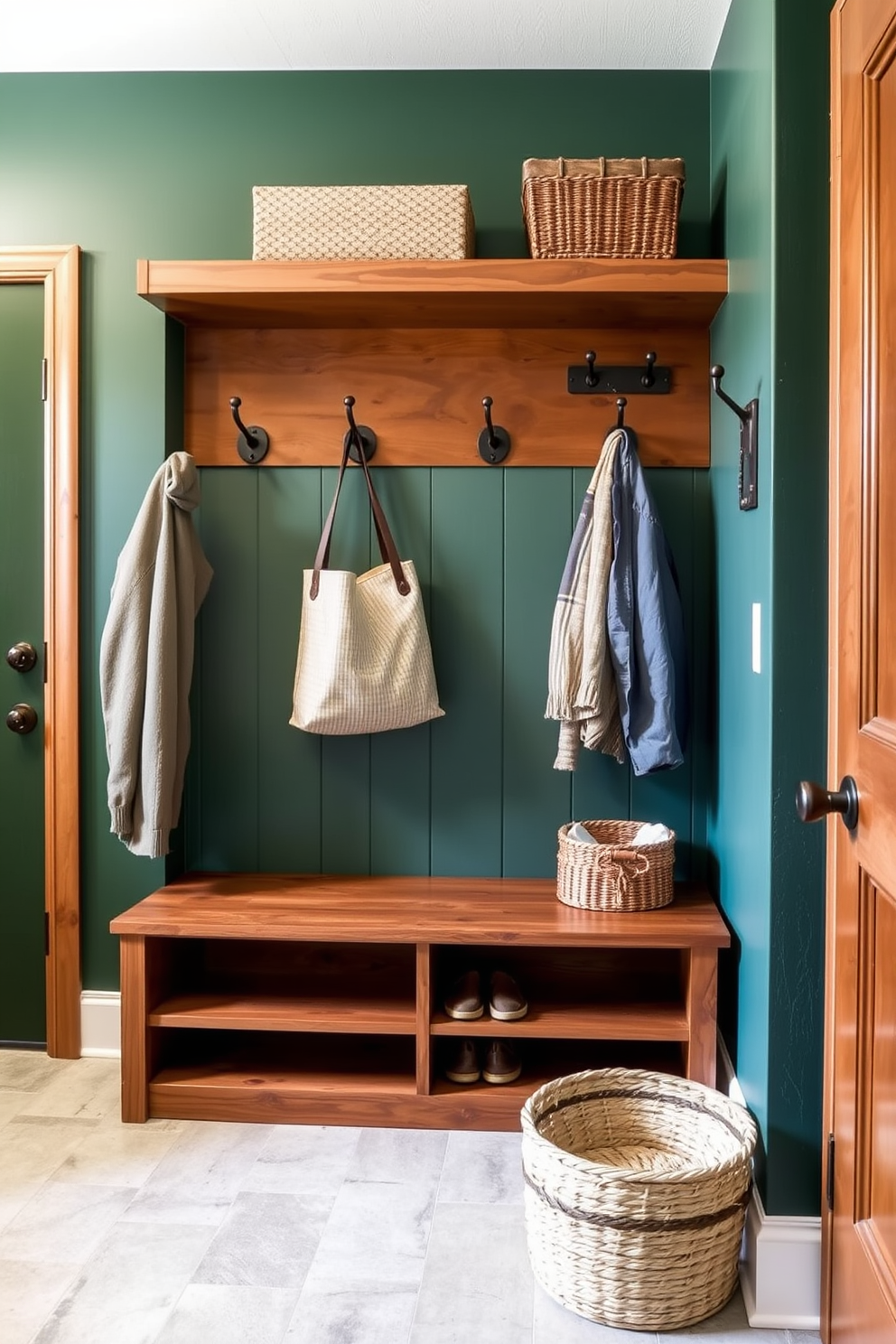 A forest green mudroom featuring natural wood accents creates a warm and inviting entryway. The walls are painted in a rich forest green, complemented by a wooden bench and open shelving for storage. Rustic hooks hang on the wall for coats and bags, adding a practical touch to the design. A woven basket sits on the floor, providing a stylish solution for footwear and accessories.