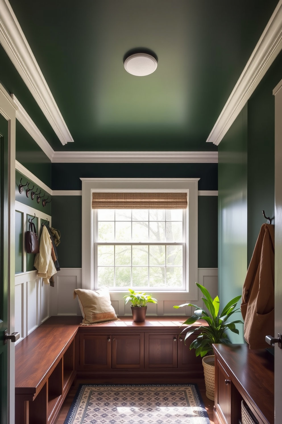 A dark green ceiling with white trim creates a striking contrast in the mudroom. The space features built-in wooden benches with storage underneath and hooks for hanging coats and bags. Natural light floods in through a large window, illuminating the earthy tones of the decor. Potted plants add a touch of freshness, complementing the green hues of the ceiling.