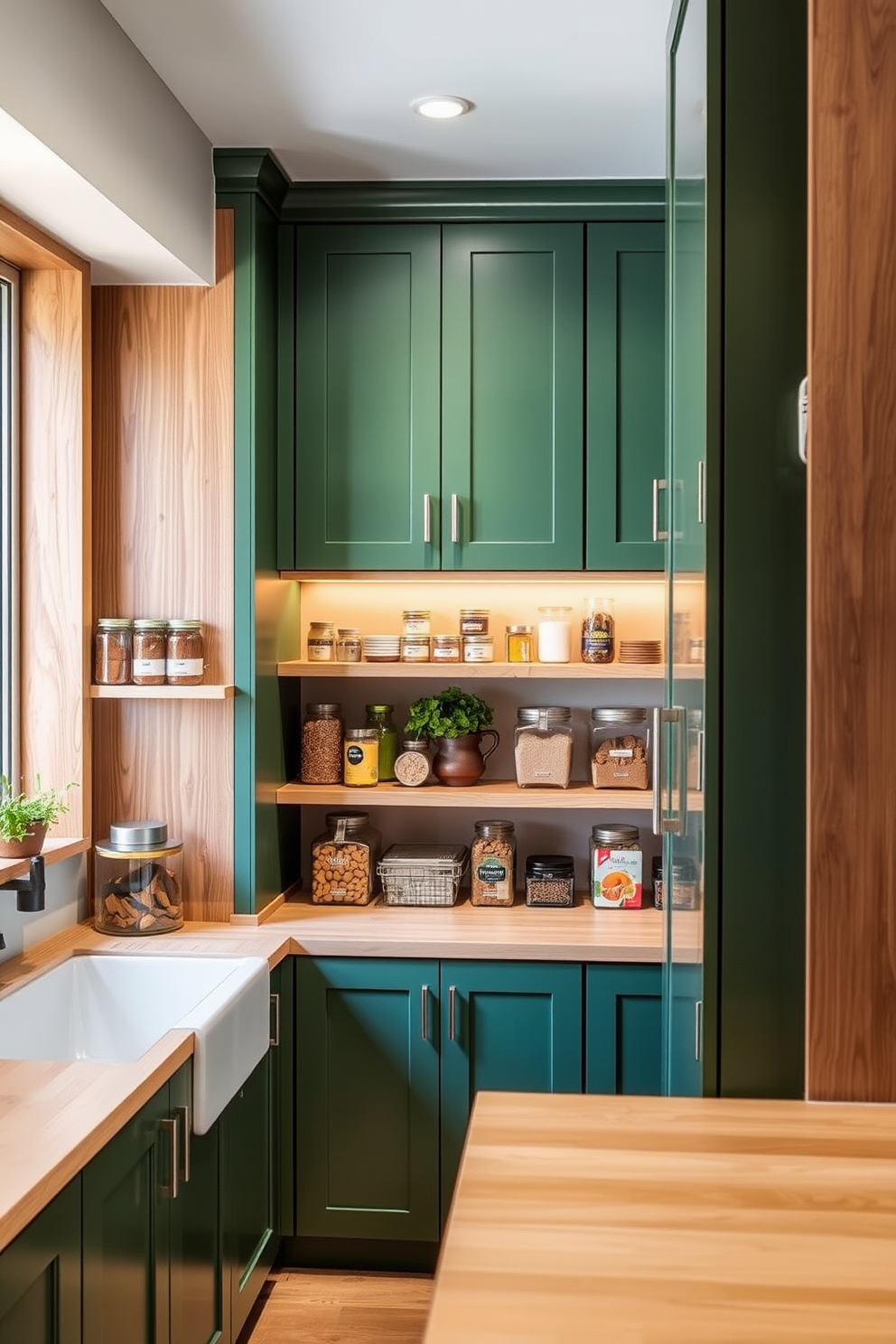 A modern pantry featuring green cabinets with natural wood accents. The shelves are organized with jars of spices and dry goods, and a small herb garden is placed on the windowsill. The countertop is made of light wood, providing a warm contrast to the green cabinetry. Soft lighting illuminates the space, creating an inviting atmosphere for meal prep and storage.