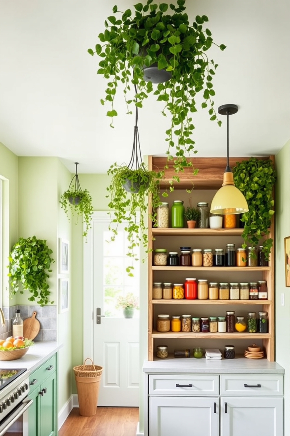 A bright and airy kitchen featuring hanging plants that cascade from the ceiling, adding a touch of nature to the green decor. The walls are painted in a soft sage green, creating a harmonious backdrop for the vibrant greenery. A stylish pantry design with open shelving made of reclaimed wood, displaying an array of colorful jars and containers. The space is illuminated by warm pendant lights, enhancing the inviting atmosphere of the green pantry.