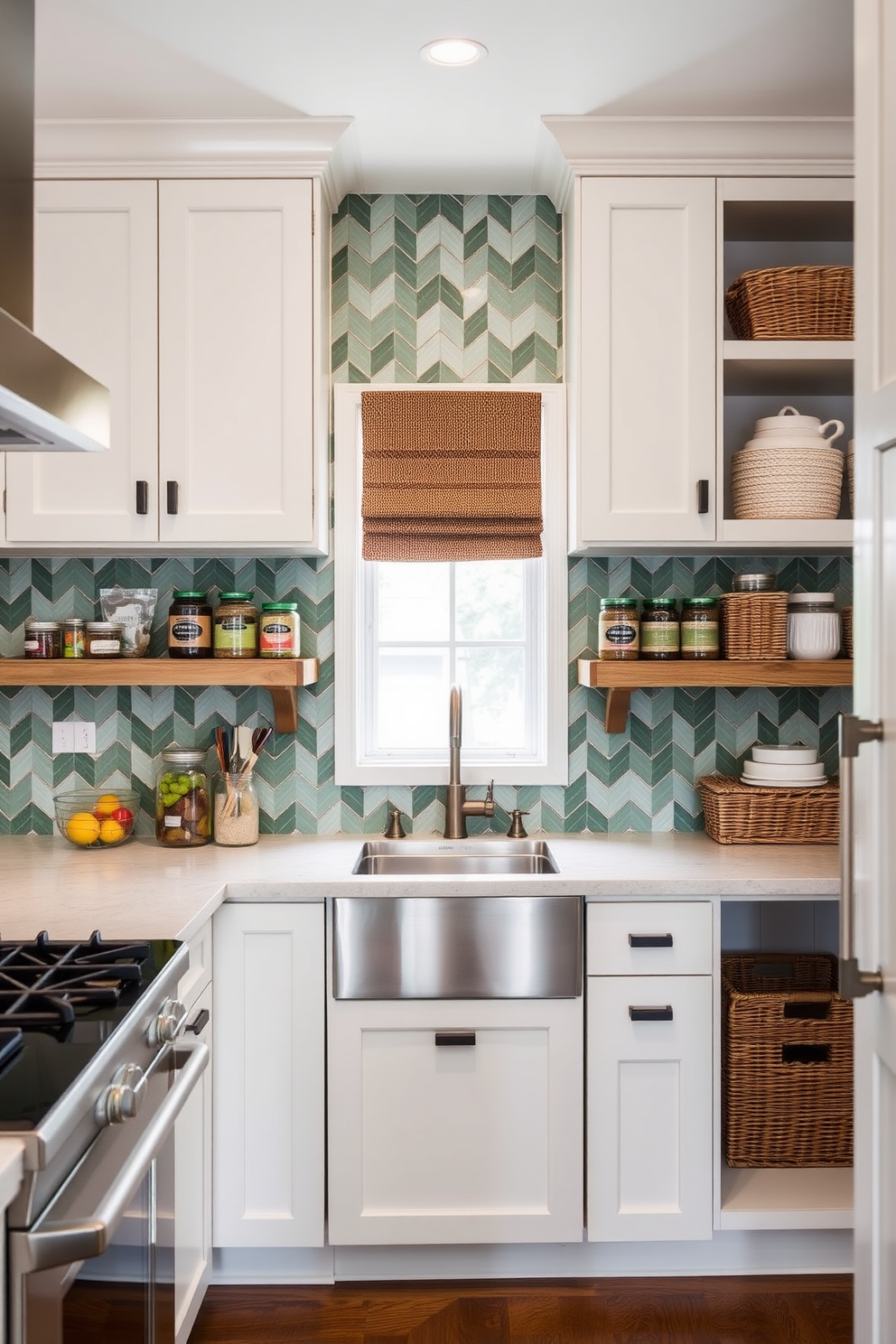 A stunning kitchen features a chevron patterned backsplash in varying shades of green that adds depth and texture to the space. The cabinetry is a soft white, providing a beautiful contrast that highlights the unique backsplash. In the pantry, design ideas incorporate open shelving made of reclaimed wood to create a warm and inviting atmosphere. Natural light floods the area through a small window, illuminating the organized jars and baskets filled with fresh ingredients.