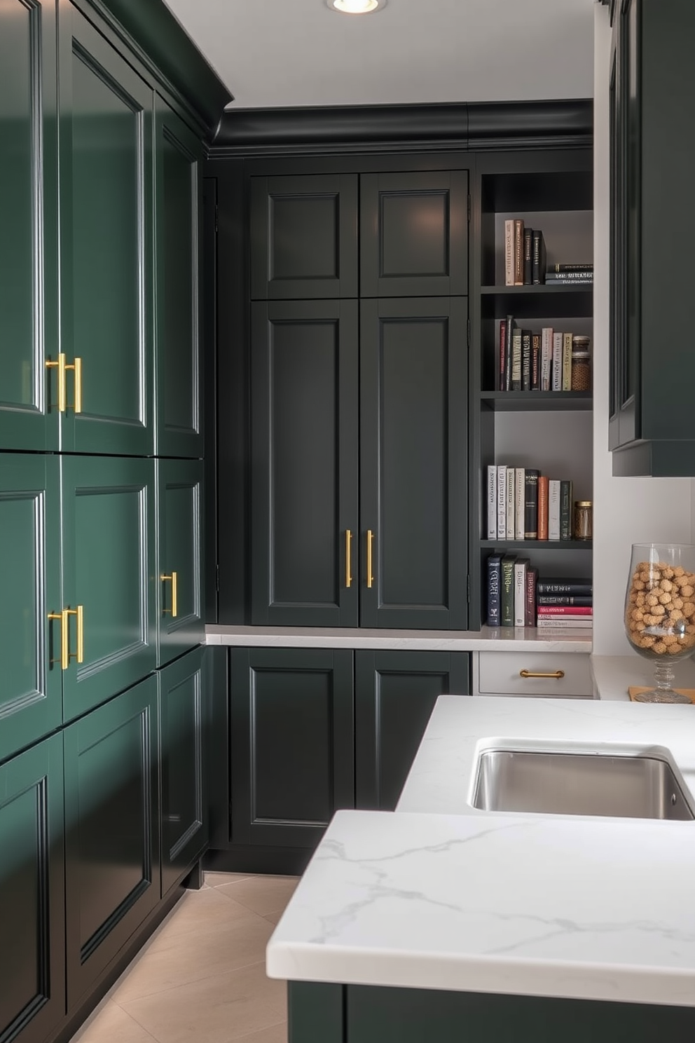 A stylish pantry featuring dark green cabinets with elegant gold fixtures. The cabinets are arranged in a U-shape, providing ample storage space and a luxurious contrast against the light-colored walls. Incorporated into the design are open shelves displaying artisanal jars and cookbooks for a personal touch. A sleek marble countertop complements the cabinetry, creating a sophisticated workspace for meal prep.