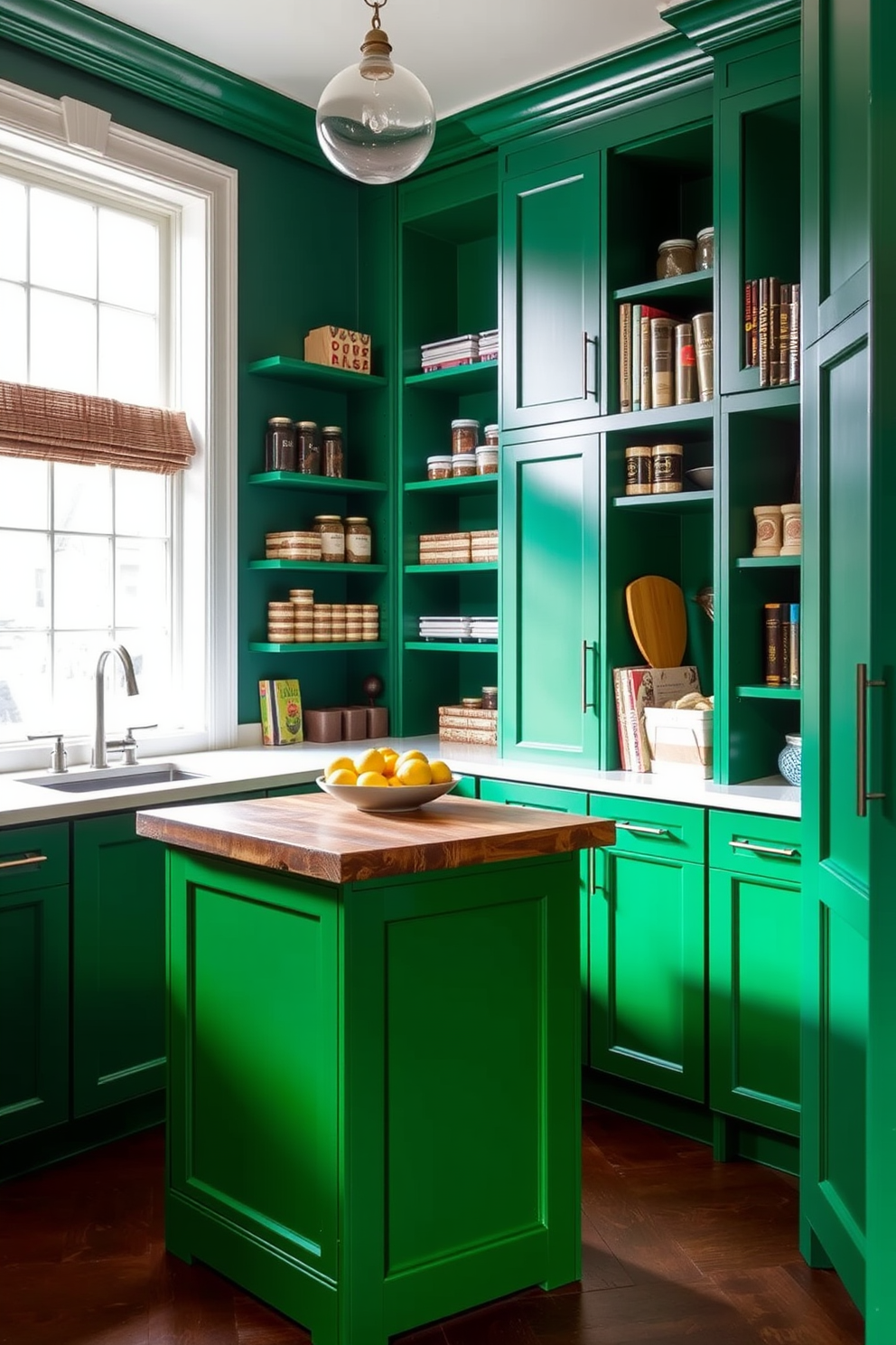 A bold emerald green pantry features sleek white trim that enhances its vibrant color. The cabinetry is designed with modern handles, and open shelving displays neatly organized jars and cookbooks. Natural light floods the space through a large window, illuminating the rich green tones. A rustic wooden island in the center offers additional storage and workspace, creating a functional and stylish environment.