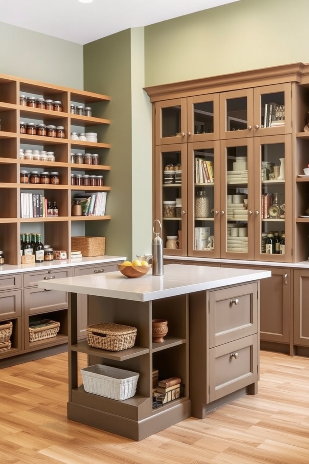 A contemporary pantry design that features a mix of open and closed storage solutions. The walls are painted in a soft sage green, complemented by wooden shelves displaying neatly organized jars and cookbooks. Incorporate a large, closed cabinet with glass doors to store bulk items while keeping them visible. A stylish island in the center provides additional workspace and storage, topped with a light-colored countertop for a fresh look.