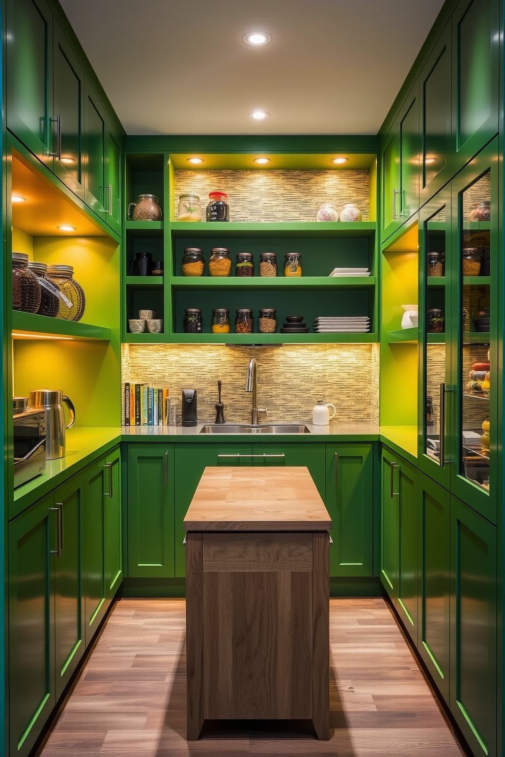 A vibrant green pantry with integrated lighting that highlights the shelves and creates a warm ambiance. The cabinetry features sleek, modern lines and is complemented by a stylish backsplash that adds texture. Open shelving displays neatly organized jars and kitchen essentials, while under-cabinet lighting illuminates the workspace. A small wooden island in the center provides additional storage and a cozy spot for meal prep.