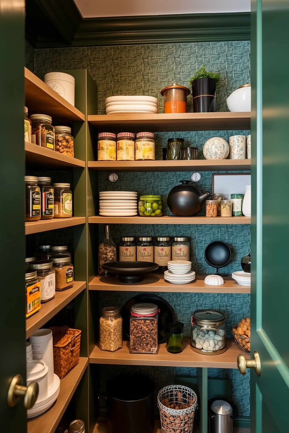 A stylish green pantry featuring textured wallpaper that adds depth and character to the space. Open shelves are adorned with neatly organized jars and decorative items, creating a functional yet visually appealing display.