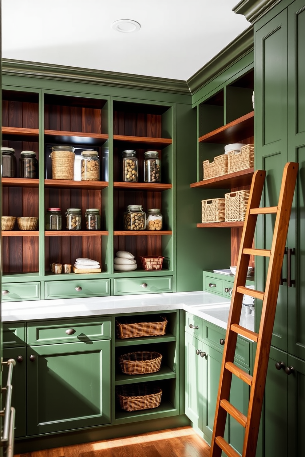 A stylish kitchen pantry featuring green cabinets that contrast beautifully with dark wood shelving. The space is organized with clear glass jars and woven baskets, creating an inviting and functional atmosphere. Natural light floods the area through a small window, highlighting the rich tones of the wood and the fresh green of the cabinets. A small wooden ladder leans against the shelves, adding a touch of charm and accessibility to the pantry design.