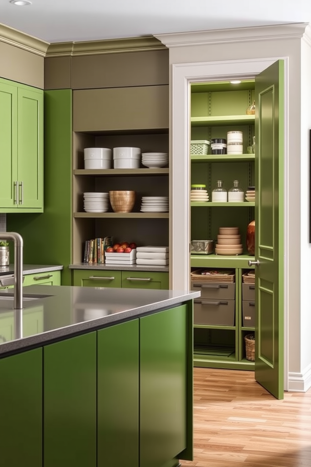 A functional kitchen island featuring green accents. The island includes ample storage space with cabinets and a sleek countertop that complements the overall design. A stylish green pantry that maximizes organization and accessibility. Shelving is designed to showcase both functionality and aesthetics, with decorative containers adding a pop of color.