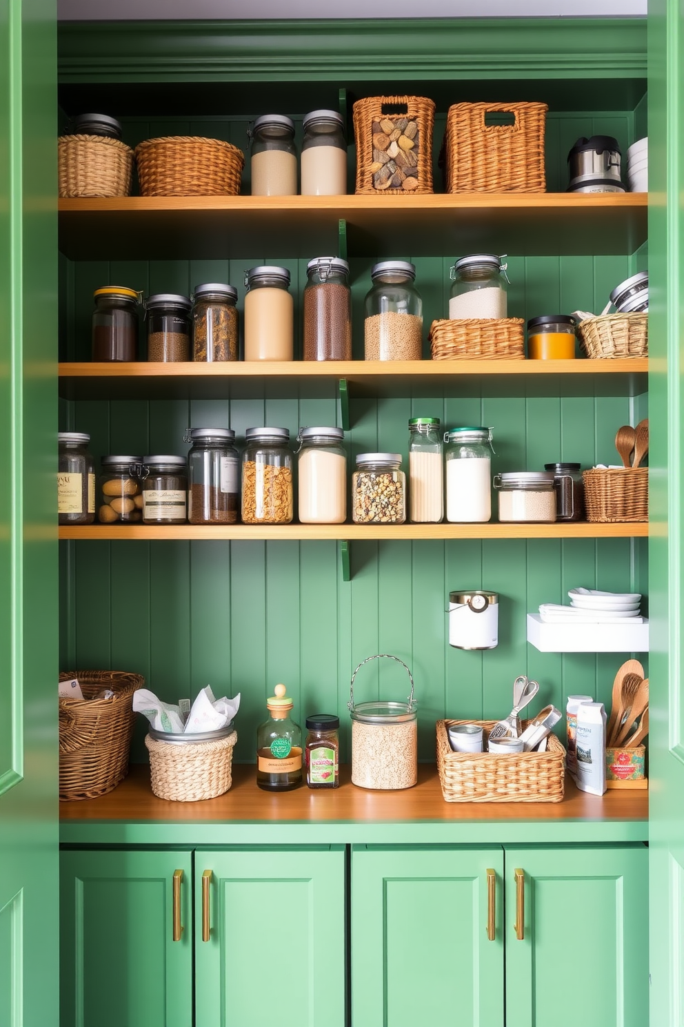 A stylish pantry featuring open shelving with a vibrant green paint finish. The shelves are filled with neatly organized jars and baskets, showcasing a variety of grains, spices, and kitchen essentials.