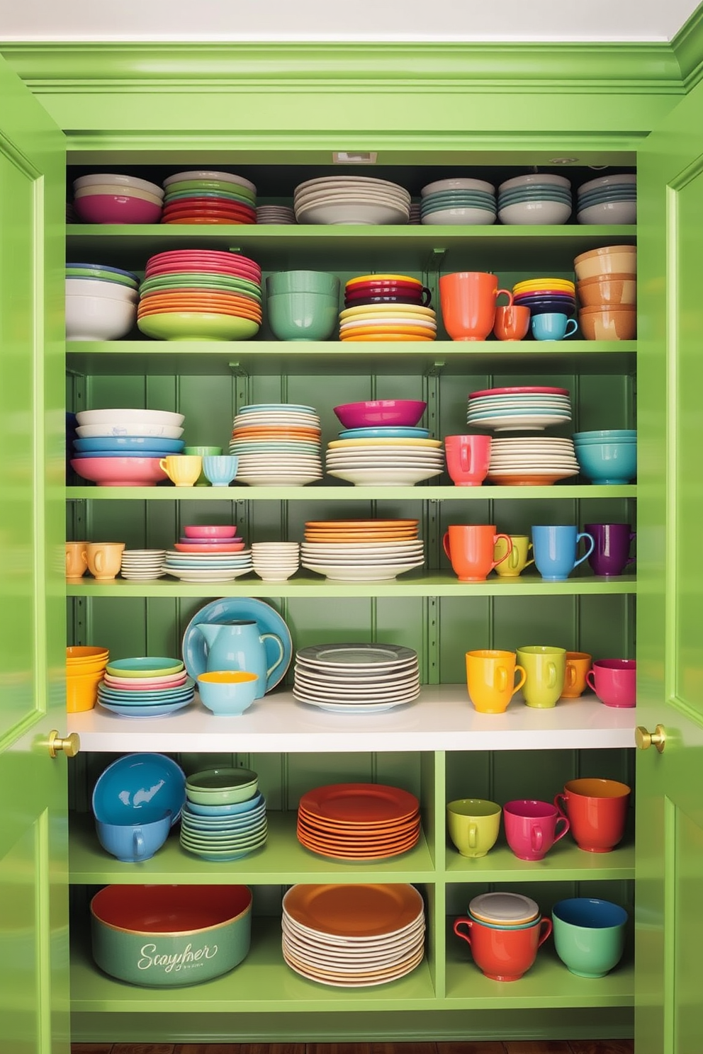 A vibrant green pantry filled with colorful dishware arranged neatly on open shelves. The shelves showcase a variety of plates, bowls, and mugs in bright hues, creating a cheerful and inviting atmosphere.