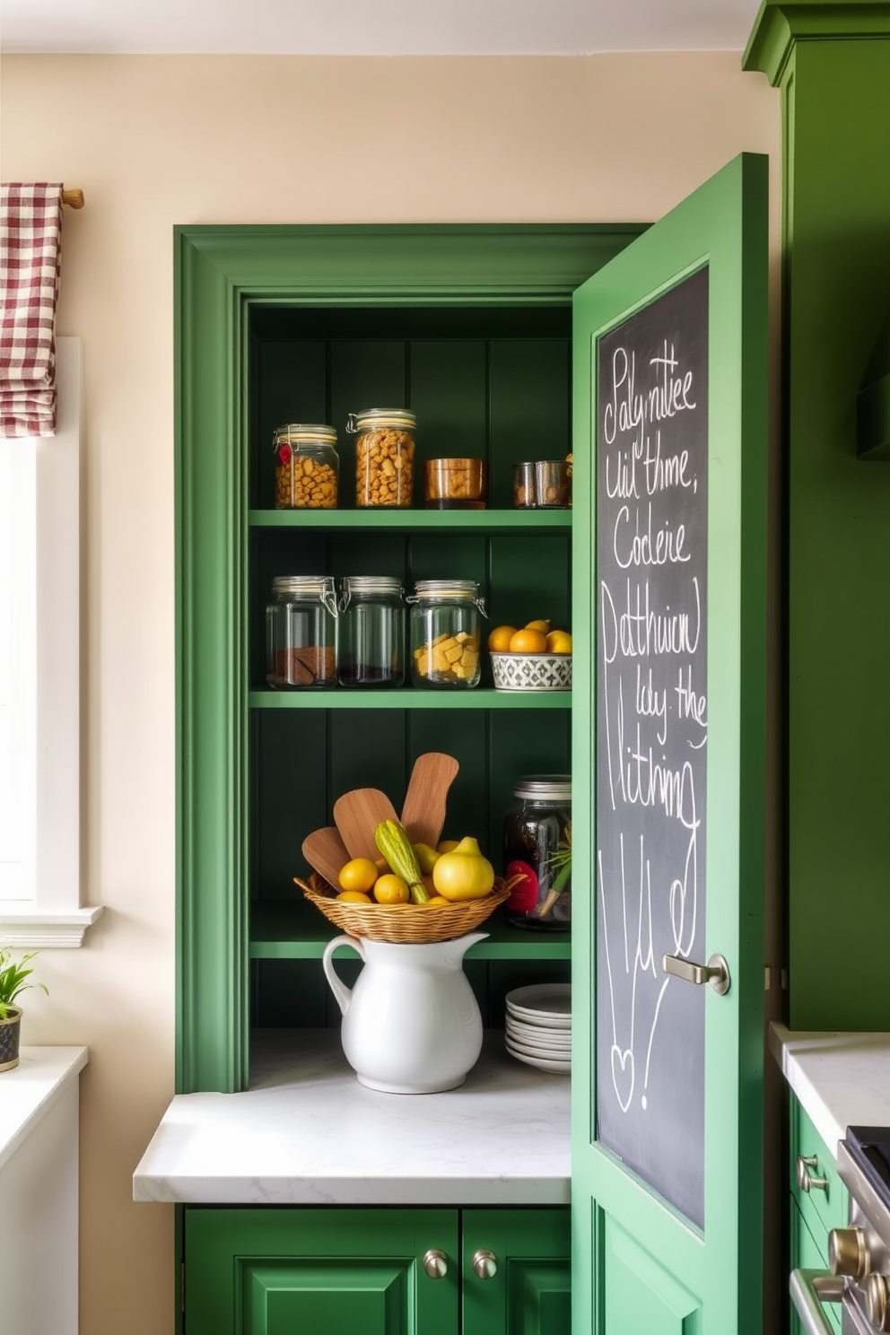 A pantry door painted with chalkboard paint serves as a functional and stylish element in the kitchen. The interior features vibrant green cabinetry, complemented by open shelves displaying fresh produce and decorative jars.