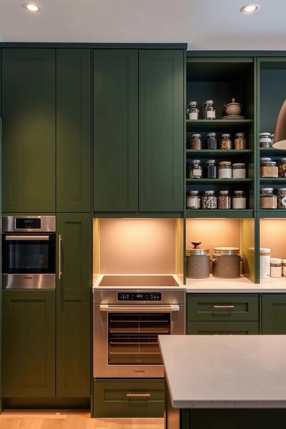 A modern pantry featuring seamless integration of appliances in a rich green color scheme. The cabinetry is sleek and minimalist, with built-in appliances that blend effortlessly into the design. Open shelving displays an organized array of jars and containers, enhancing the functionality while maintaining a stylish aesthetic. Soft, warm lighting illuminates the space, creating an inviting atmosphere perfect for culinary creativity.