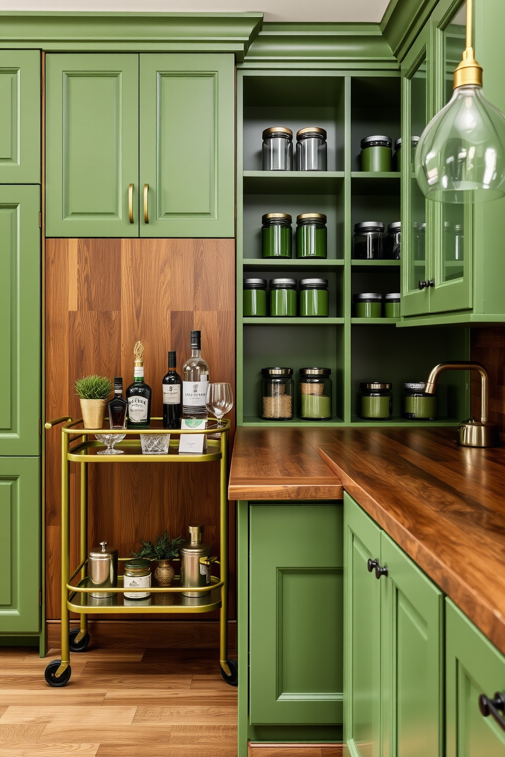 A stylish bar cart in a matching green hue stands elegantly against a backdrop of rich wooden cabinetry. The cart is adorned with an assortment of premium spirits, glassware, and a few decorative elements like a small potted plant and a chic cocktail shaker. The green pantry design features open shelving that showcases neatly organized jars and canisters, all in complementary shades of green. A rustic wooden countertop provides a functional workspace, while soft pendant lighting illuminates the space, creating a warm and inviting atmosphere.