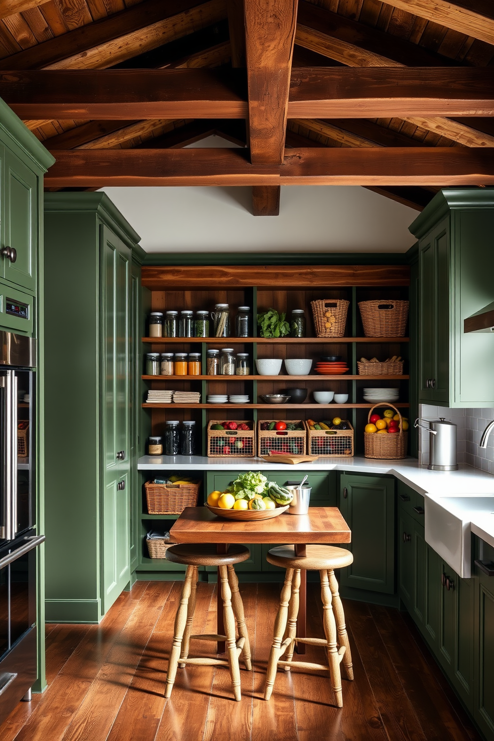 A cozy kitchen featuring rustic wooden beams across the ceiling complements the warm atmosphere of the space. The cabinets are a rich green, adding a touch of nature and elegance to the overall design. In the pantry, open shelving made of reclaimed wood displays neatly arranged jars and baskets filled with fresh produce. A small farmhouse table sits in the center, surrounded by vintage stools, creating a charming and functional area for meal prep.