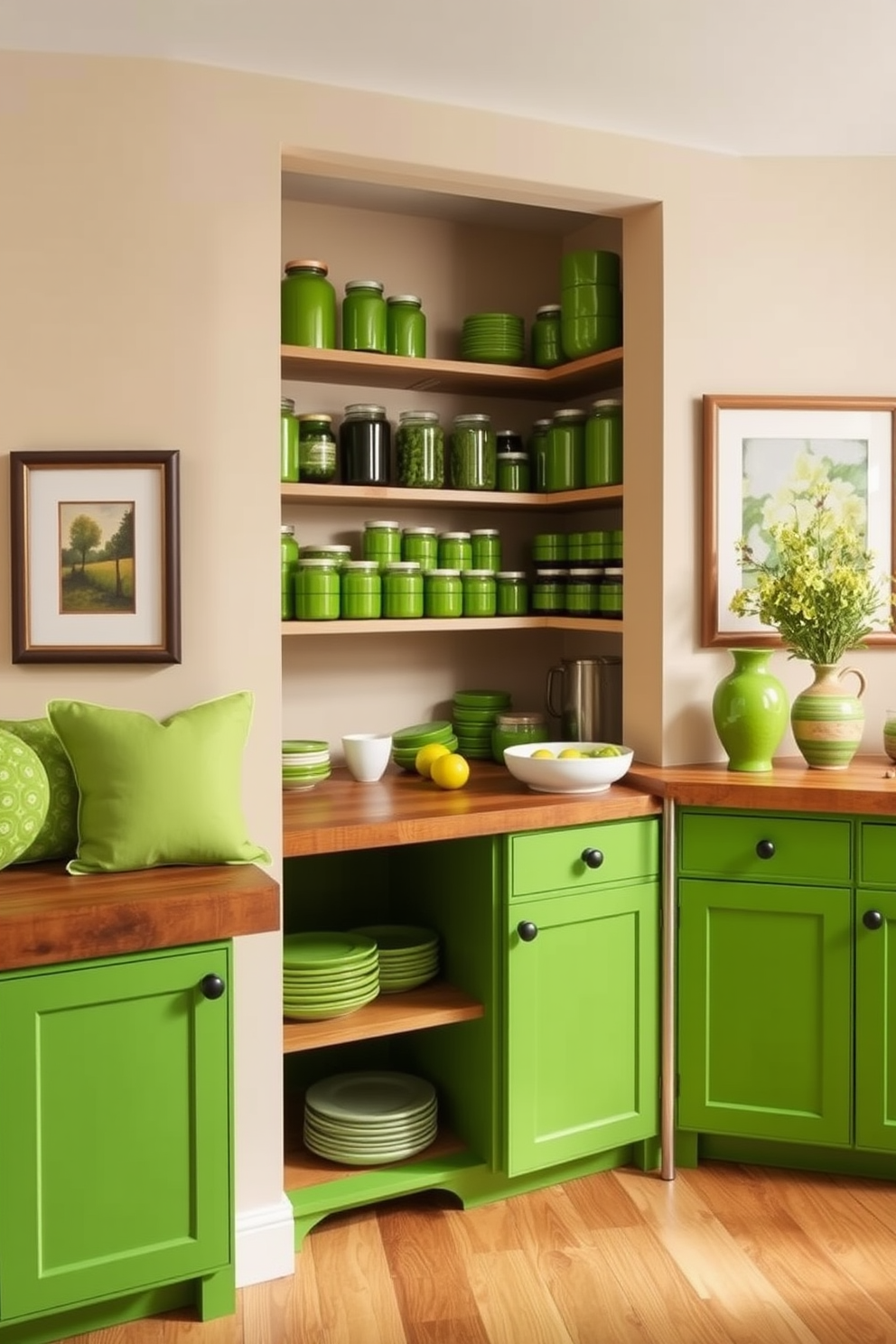 Bright green accents in a neutral space. The walls are painted in a soft beige, creating a warm backdrop for vibrant green accessories such as cushions and artwork. Green pantry design ideas. The pantry features open shelving showcasing a variety of green jars and containers, complemented by a rustic wooden countertop and bright green cabinets for a fresh and inviting look.