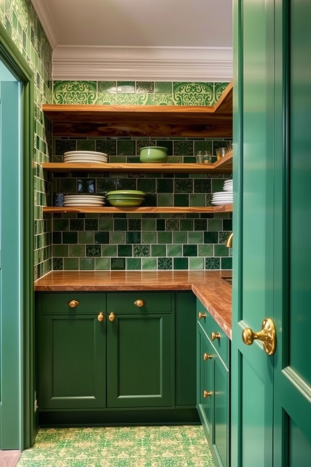 Artistic tile work in shades of green. The tiles feature intricate patterns that create a vibrant and refreshing atmosphere. Green pantry design ideas. The pantry includes open shelving made from reclaimed wood, complemented by green-painted cabinets for a cohesive and stylish look.