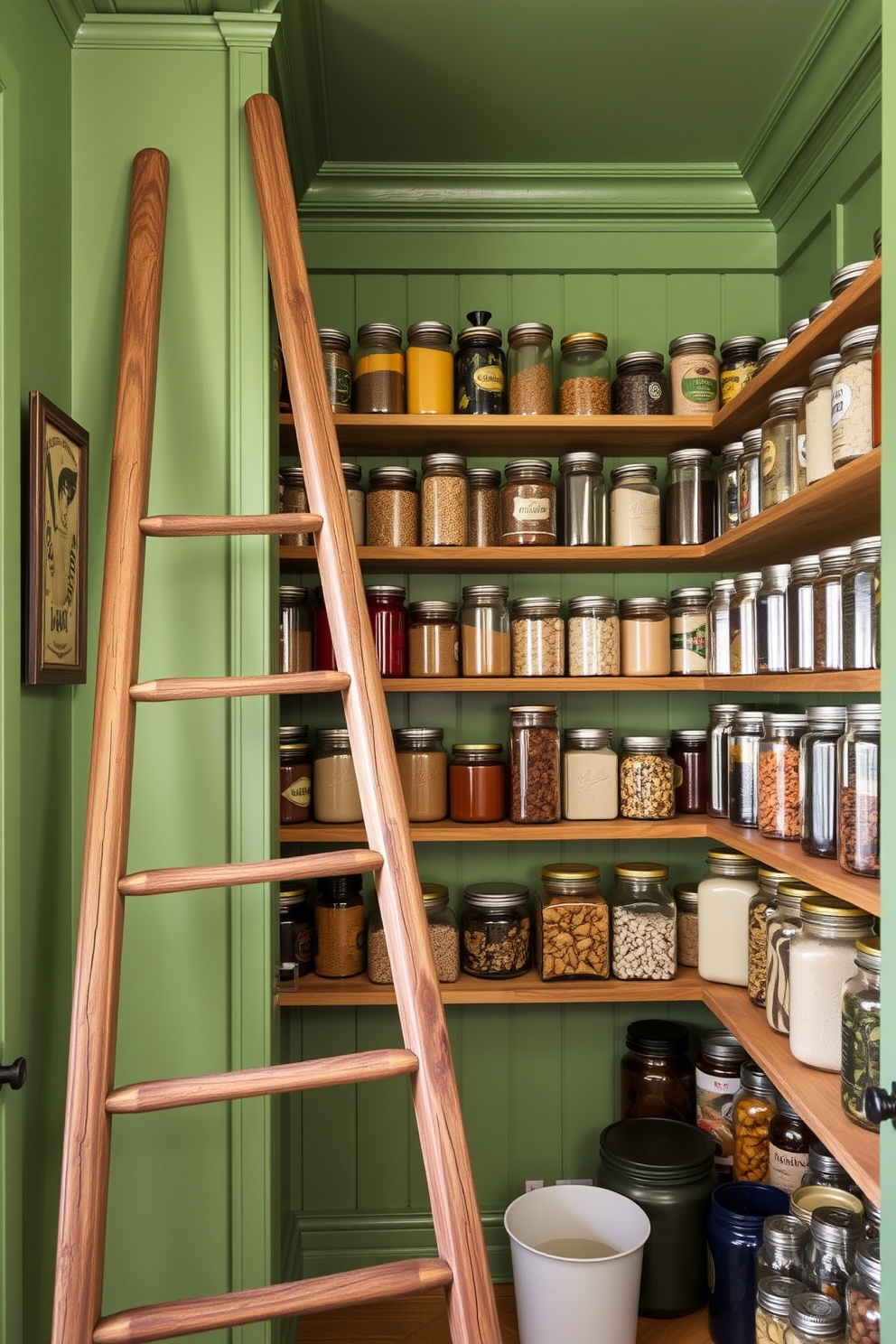 A charming green pantry filled with vintage glass jars. The walls are painted a soft sage green, creating a warm and inviting atmosphere. Wooden shelves are lined with an assortment of colorful vintage glass jars, showcasing various dry goods and spices. A rustic wooden ladder leans against the shelves, adding a touch of character and accessibility.