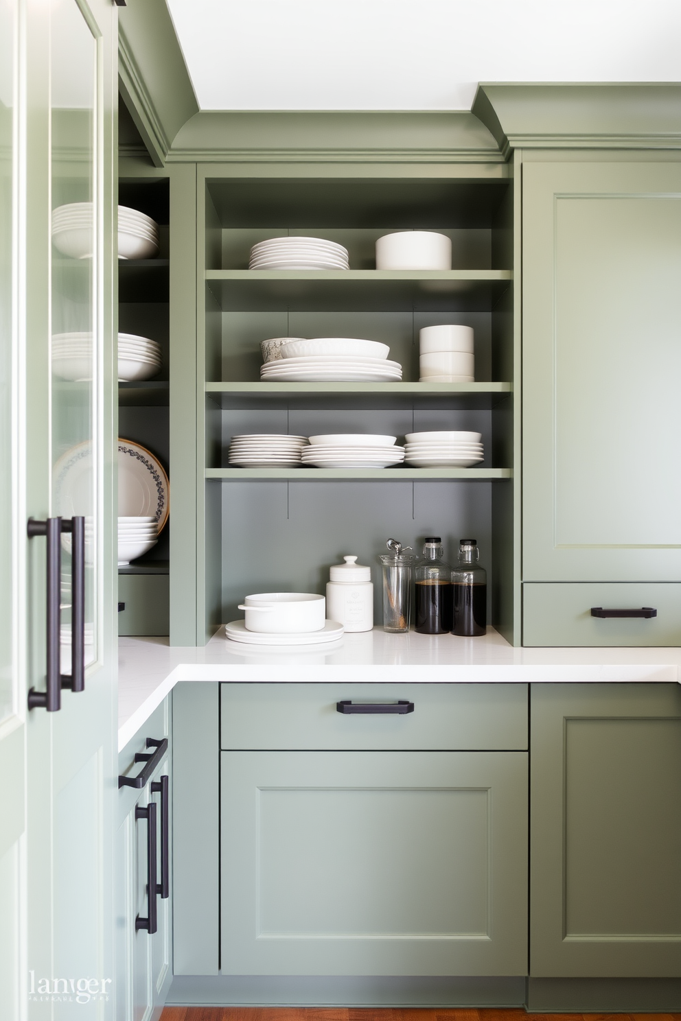 A stylish pantry featuring matte black hardware that adds a modern touch to the overall design. The cabinetry is a rich green hue, complemented by open shelving displaying elegant dishware and pantry essentials.