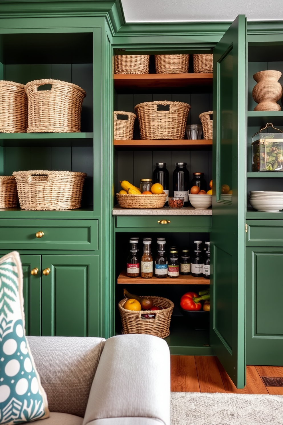 Decorative baskets for organized storage. These baskets are made of natural fibers and come in various sizes, arranged neatly on open shelves in a stylish living room. Green pantry design ideas. The pantry features vibrant green cabinetry with gold hardware, complemented by open wooden shelving displaying jars of spices and fresh produce.