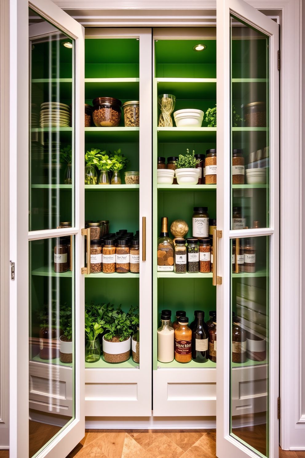 A stylish pantry with glass-front doors that showcase neatly organized shelves. The interior features a vibrant green color scheme, with fresh herbs and spices displayed for easy access.