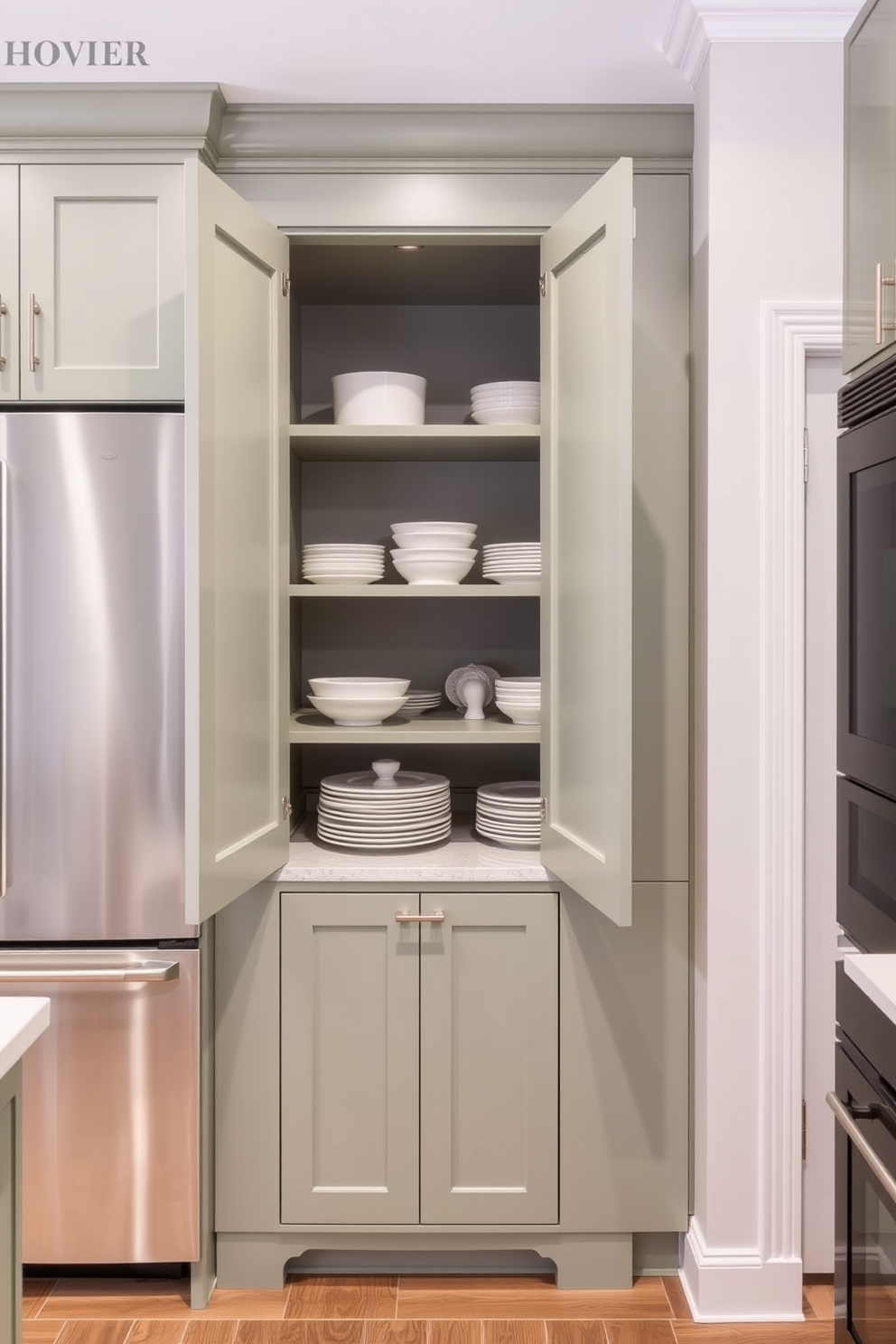 A modern kitchen pantry featuring a mix of open and closed cabinetry styles. The cabinetry is finished in a soft green hue, with open shelves displaying elegant dishware and closed cabinets providing ample storage space.