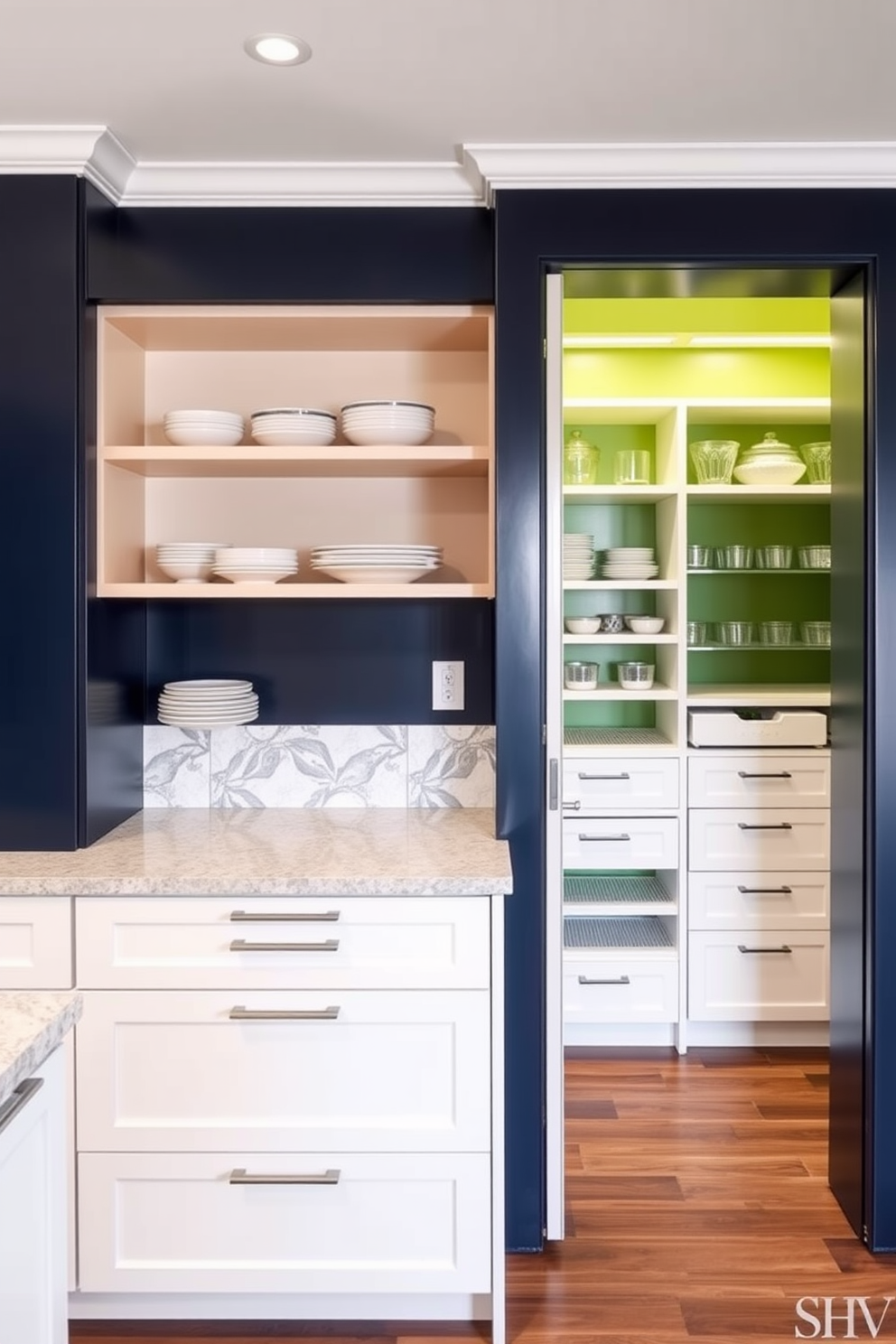 A modern kitchen featuring two-tone cabinets with a crisp white lower section and a rich navy blue upper section. The design includes sleek hardware and an open shelving unit displaying stylish dishware. Adjacent to the cabinets, a spacious green pantry is designed with organized shelving and pull-out drawers. The pantry features a bold green accent wall that complements the overall kitchen aesthetic.