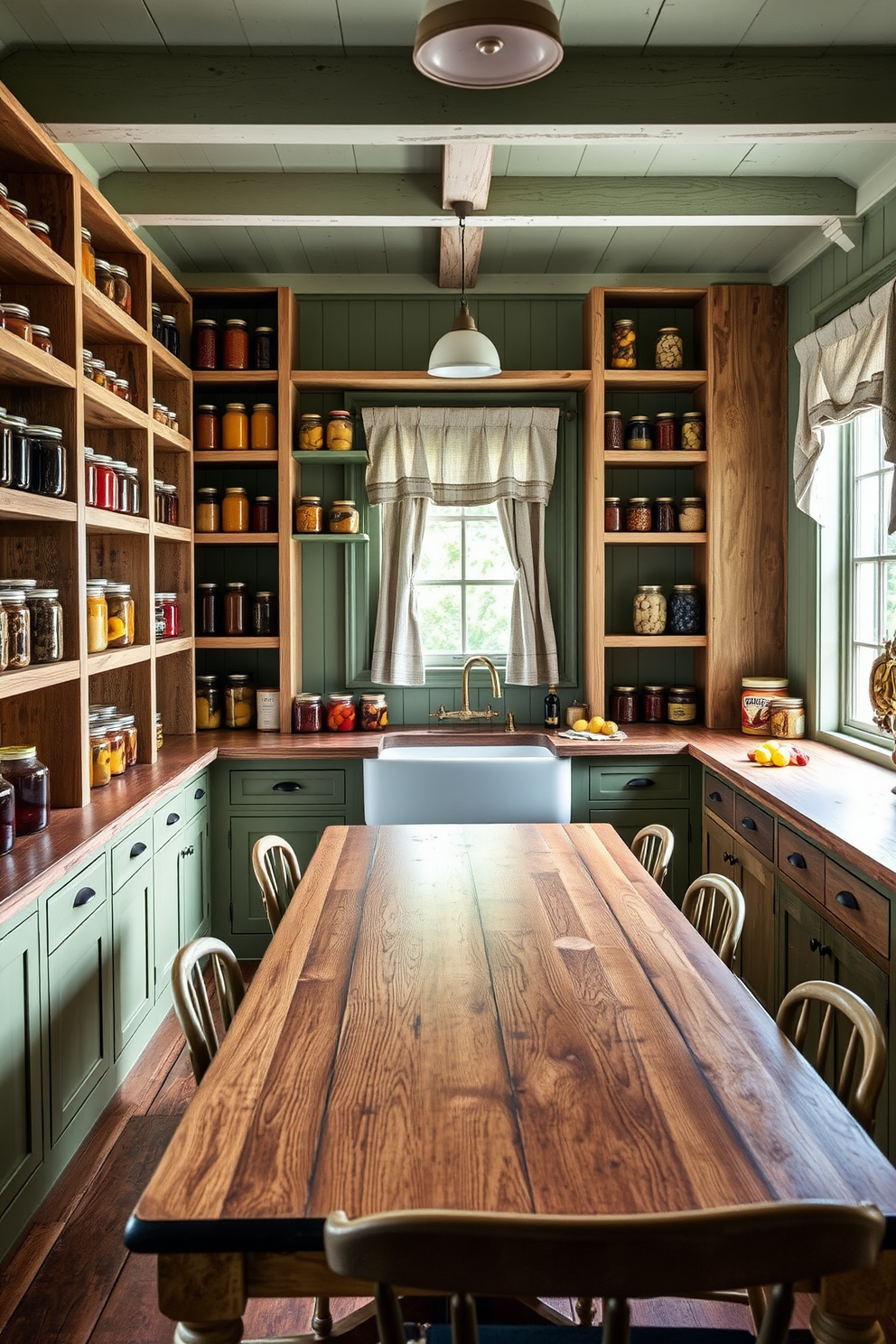 A rustic farmhouse pantry featuring open wooden shelves filled with jars of preserved fruits and vegetables. The walls are painted in soft green hues, complemented by a large farmhouse sink with an antique brass faucet. Natural light streams in through a window adorned with simple linen curtains. A wooden dining table sits in the center, surrounded by mismatched chairs, creating a cozy and inviting atmosphere.