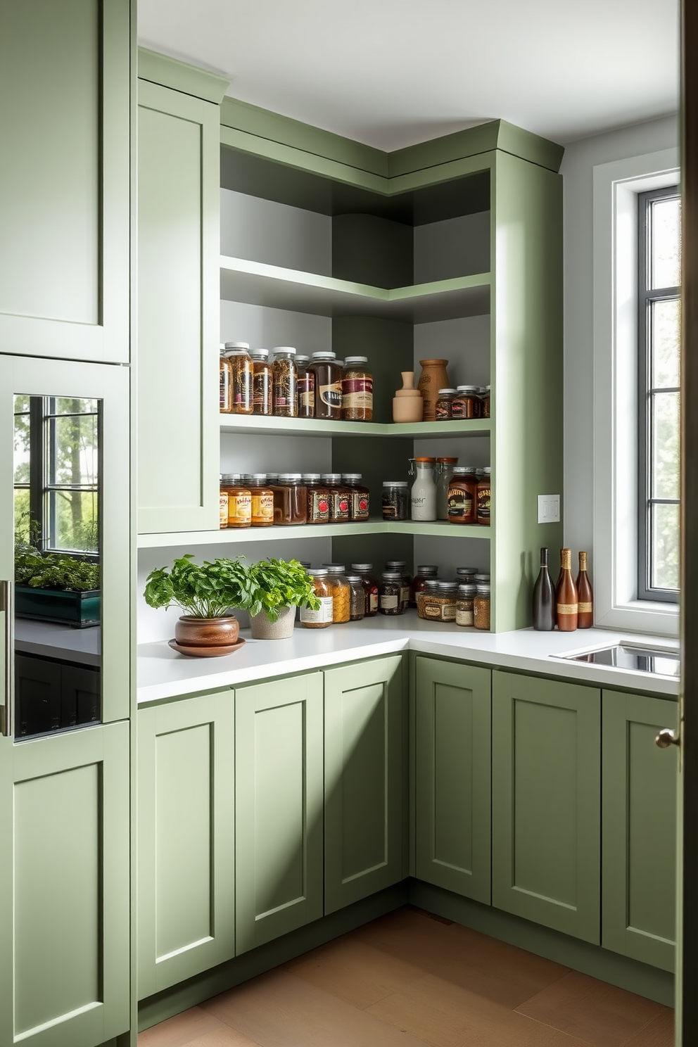 A minimalist pantry design featuring sleek green lines. The cabinetry is a soft green with clean, streamlined edges, creating an airy and spacious feel. Open shelving displays neatly organized jars and containers, emphasizing simplicity and functionality. Natural light floods the space through a large window, highlighting the fresh greenery of potted herbs on the countertop.