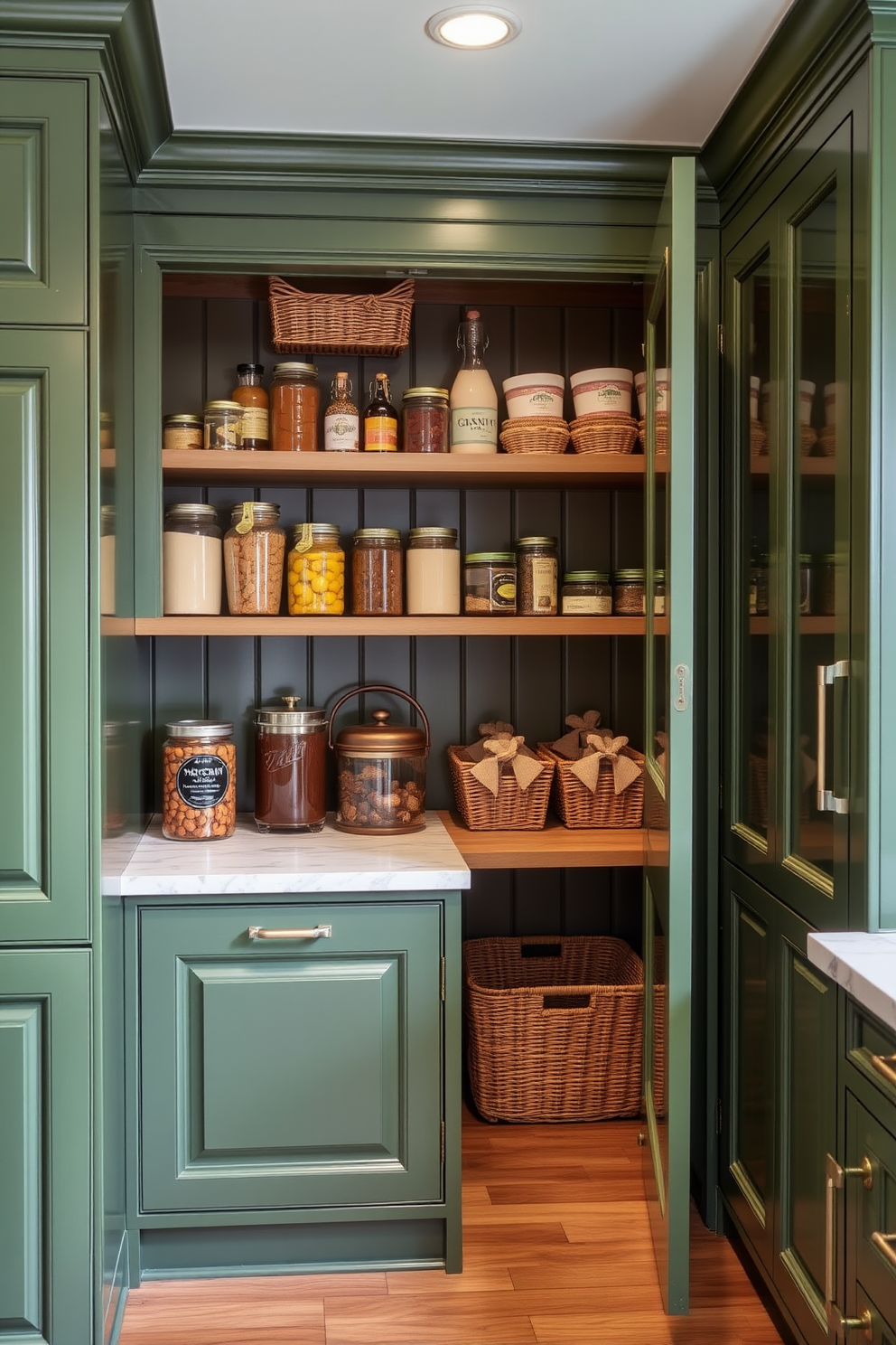 Vintage-inspired green cabinetry with brass handles creates a warm and inviting atmosphere in the kitchen. The cabinetry features intricate detailing and complements the overall design with a classic charm. In the pantry, open shelving displays neatly organized jars and baskets, enhancing both functionality and aesthetics. Soft lighting highlights the rich green tones, creating a cozy and stylish space for culinary essentials.