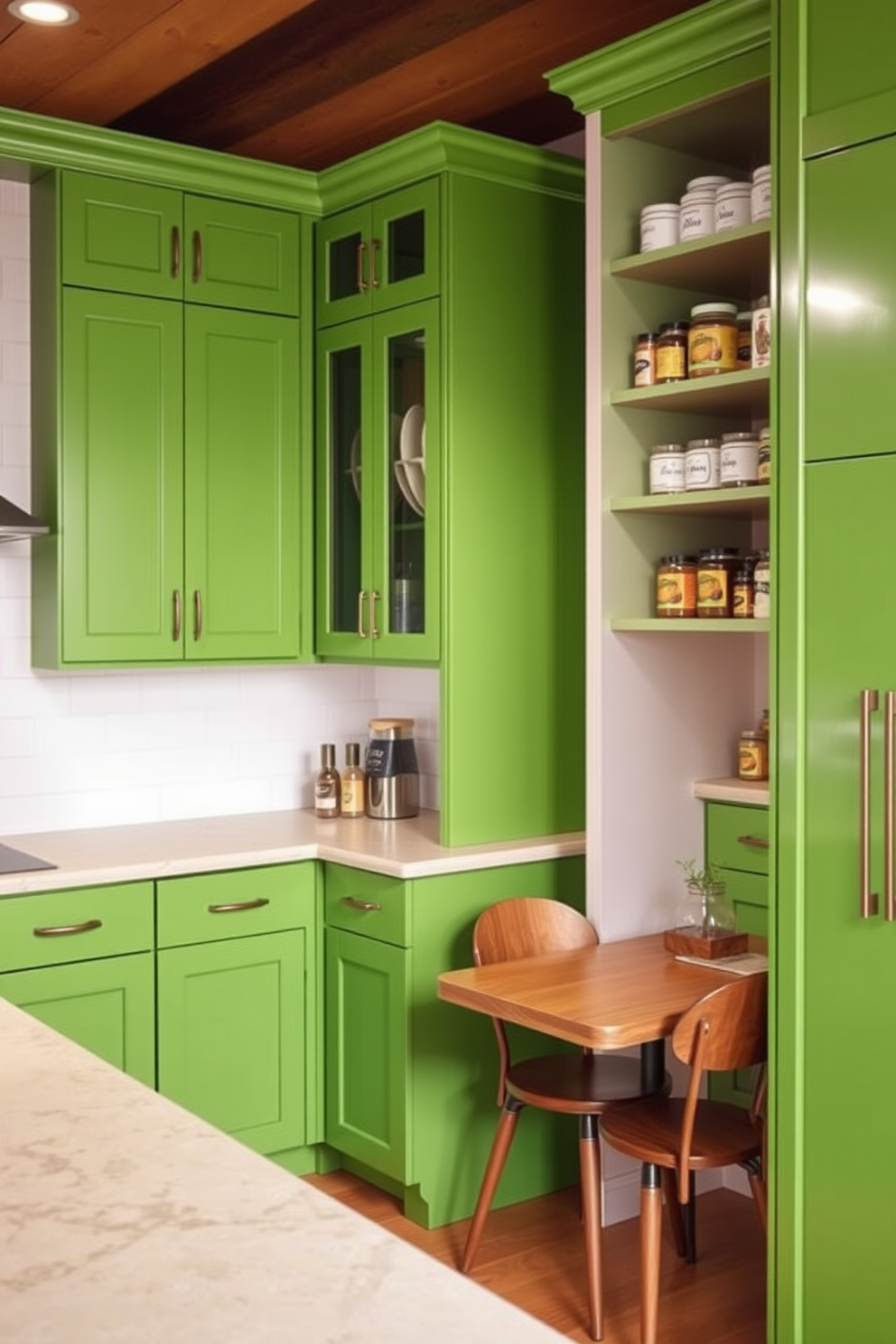 Bright green cabinets with neutral countertops create a vibrant yet balanced kitchen space. The cabinets are sleek and modern, complemented by a light-colored stone countertop that adds a touch of elegance. In the pantry, open shelving displays an organized collection of jars and spices, enhancing both functionality and aesthetics. A cozy nook with a small wooden table and chairs invites casual dining or coffee breaks, making the pantry a delightful extension of the kitchen.