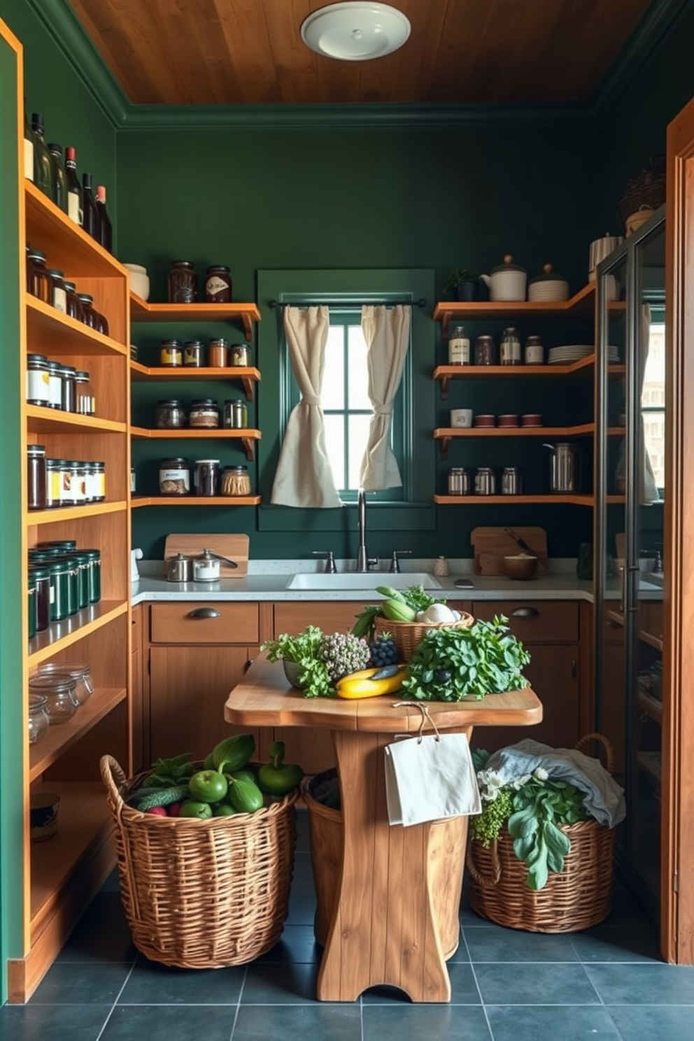 A cozy pantry design featuring earthy tones paired with deep green accents. The walls are painted in a rich forest green, while the shelves are made of warm wood, displaying a variety of jars and kitchenware. Natural light floods the space through a small window adorned with simple linen curtains. A rustic wooden table sits in the center, surrounded by wicker baskets filled with fresh produce and herbs.