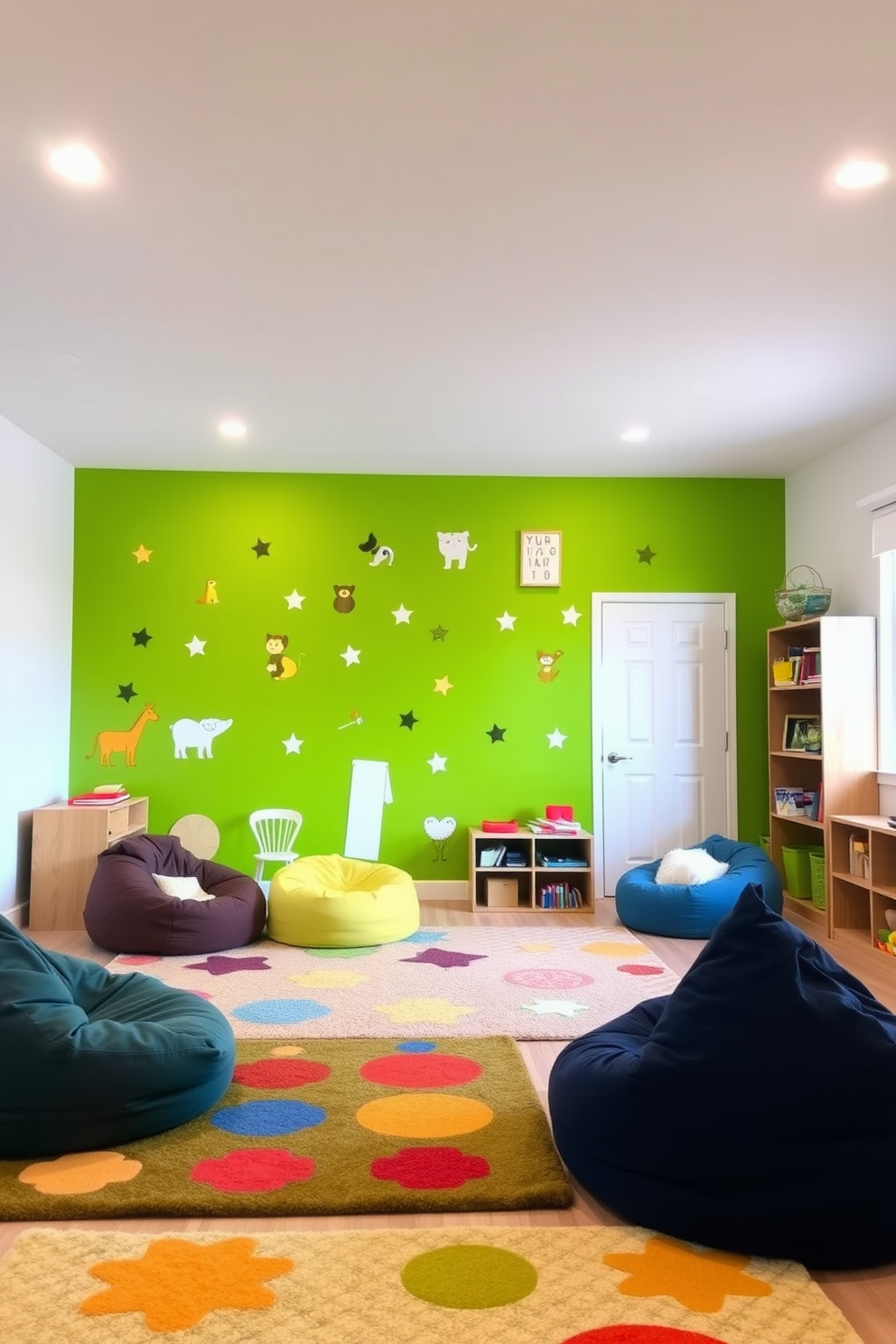 A bright green accent wall features playful decals of animals and shapes, creating an inviting atmosphere for children. The room is filled with soft, colorful rugs and bean bags, providing a comfortable play area for kids to explore their creativity.