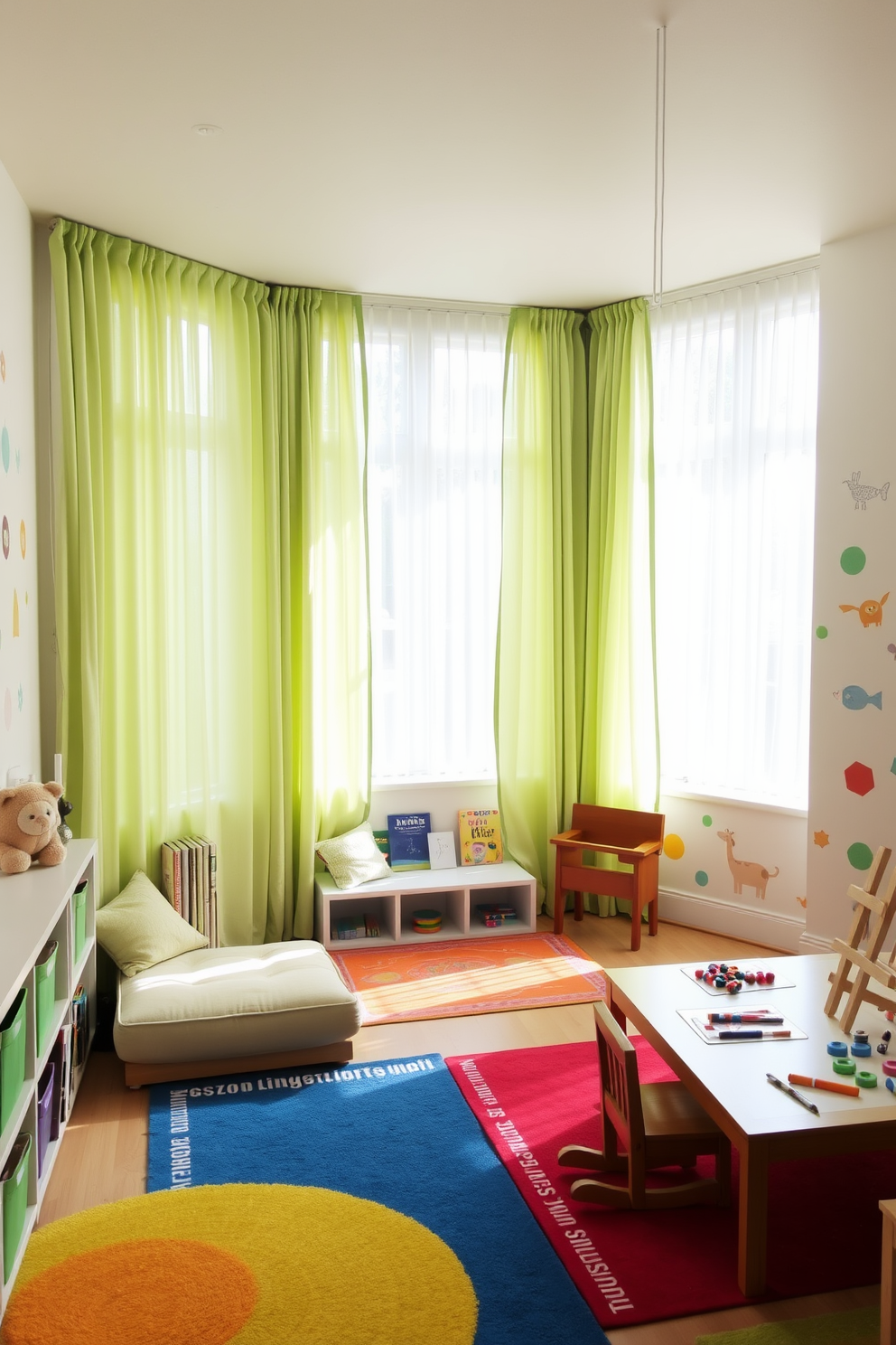 Light-filtering curtains in soft green gently drape over large windows, allowing natural light to create a warm and inviting atmosphere. The playroom features a cozy reading nook with plush cushions and a low bookshelf filled with colorful children's books. Brightly colored rugs define different activity zones, including an art corner with easels and supplies. Fun wall decals of animals and shapes add a playful touch to the space, making it a perfect environment for creativity and play.