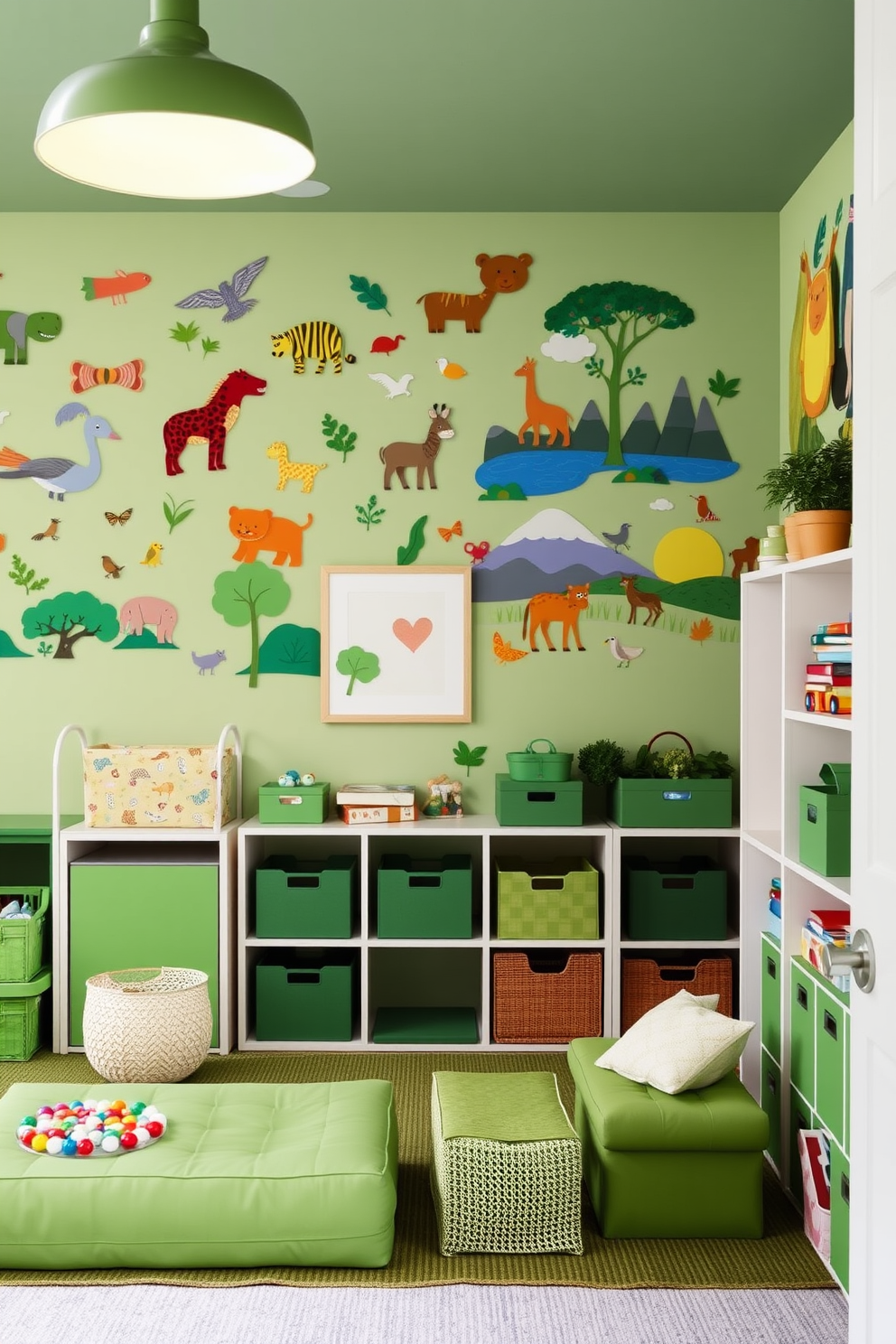 Colorful wall art featuring animals and nature brightens the space with vibrant hues and playful designs. The artwork includes various animal illustrations and scenic landscapes, creating an engaging and cheerful atmosphere. Green playroom design ideas incorporate natural elements and soft textures to foster a calming environment. The room features green accents in furniture and decor, along with ample storage for toys and games, promoting both creativity and organization.