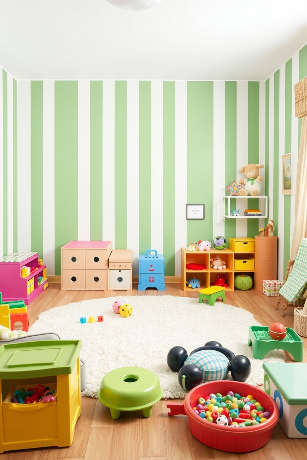 A vibrant playroom featuring green and white striped wallpaper that adds a playful touch to the space. The room is filled with colorful toys, a soft rug, and comfortable seating for children to enjoy their activities.