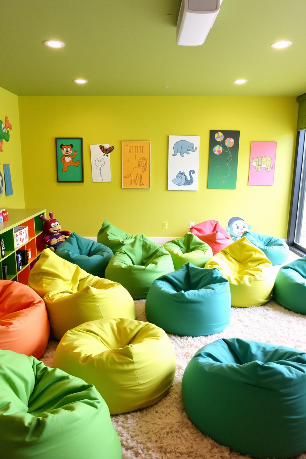 A vibrant playroom filled with playful bean bags in various shades of green creates a fun and inviting atmosphere. The walls are adorned with colorful artwork and the floor is covered with a soft, plush rug to enhance comfort and playfulness.