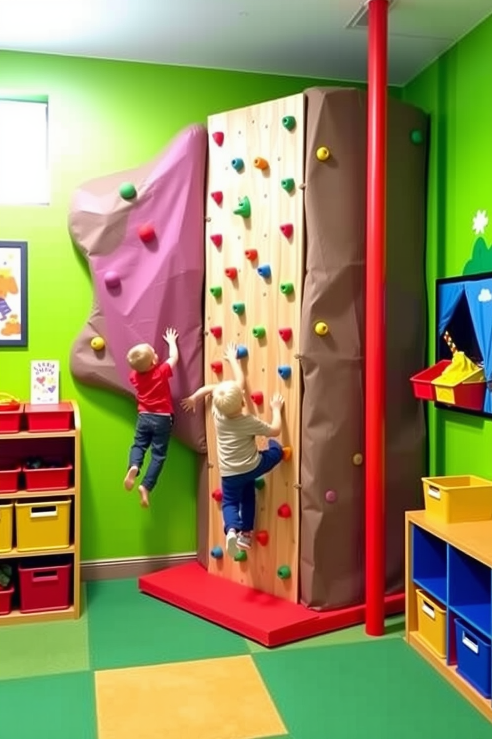 A vibrant playroom designed for adventure features a miniature climbing wall that encourages active play. The walls are painted in bright green, creating an inviting atmosphere filled with energy and creativity. Soft, cushioned flooring provides safety while children explore their climbing skills. Colorful storage bins and playful wall art enhance the playful theme of the room.