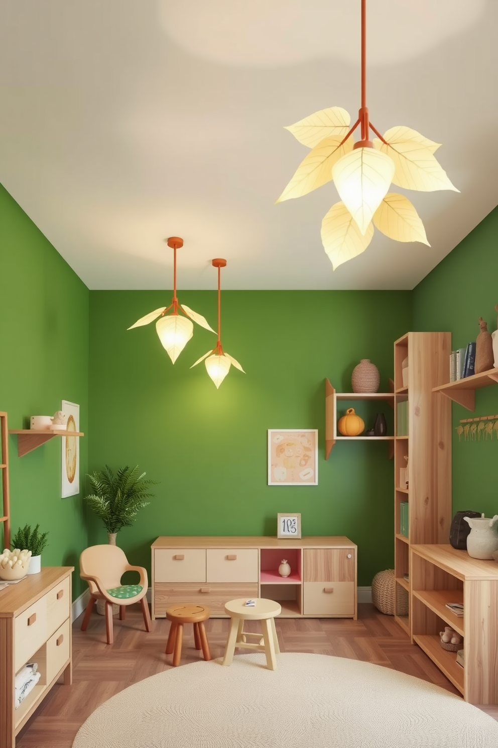 Nature inspired light fixtures for ambiance. The room features hanging pendant lights shaped like leaves, casting soft, dappled light across the space. Green playroom design ideas. The walls are painted in a vibrant green hue, complemented by playful furniture pieces and natural wood accents to create a cheerful and inviting atmosphere.