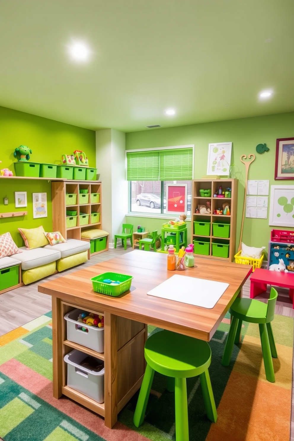 A DIY craft station featuring a large wooden table with ample workspace and organized storage for supplies. Bright green accents are incorporated through shelves, bins, and a colorful rug, creating an inviting and creative atmosphere. A playful green playroom designed with soft seating options and interactive wall elements. The room is filled with vibrant green hues, complemented by playful artwork and a variety of toys neatly arranged for easy access.