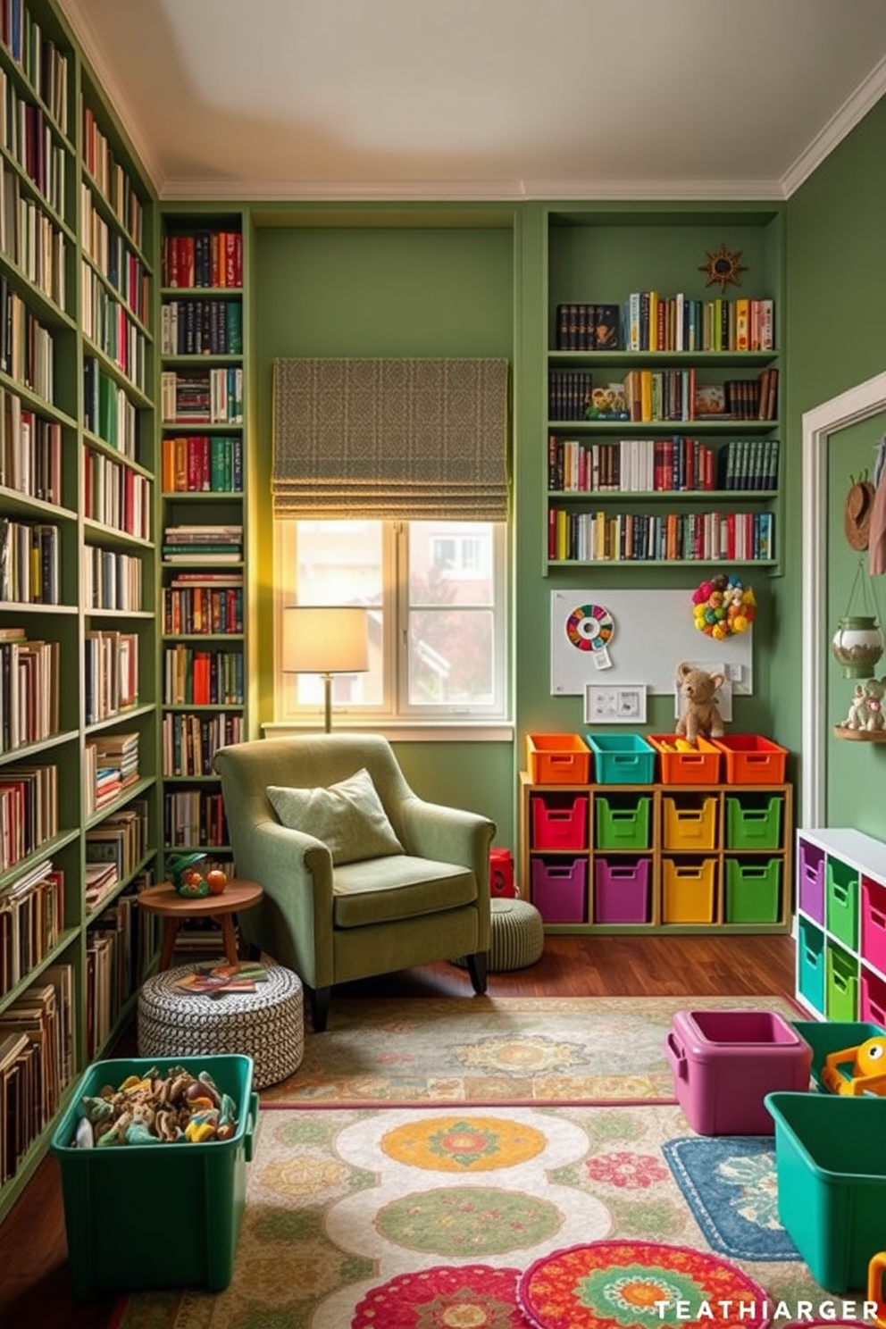 A cozy reading nook featuring floor-to-ceiling bookshelves filled with an array of green-themed books. A plush armchair in a soft green fabric sits in the corner, accompanied by a small side table and a warm, inviting lamp. A vibrant playroom designed for creativity and fun, with walls painted in a cheerful shade of green. Colorful rugs and playful furniture create an engaging environment, while storage bins in various hues keep toys organized and accessible.