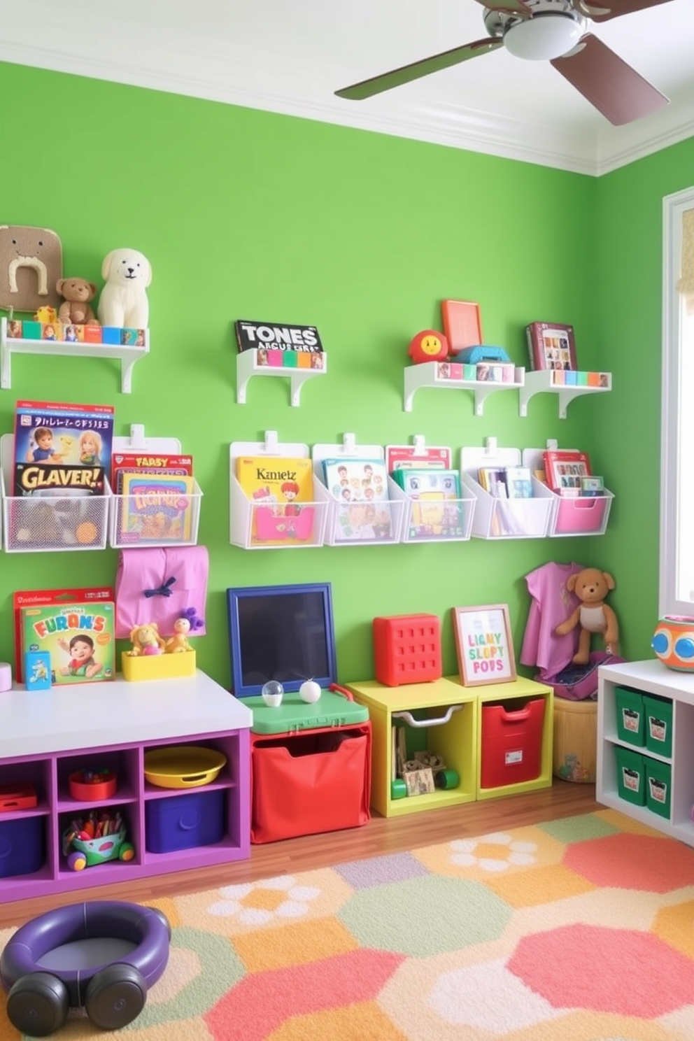 A vibrant playroom designed for children with wall-mounted storage solutions for toys and games. The walls are painted in a cheerful green hue, creating a lively and inviting atmosphere.