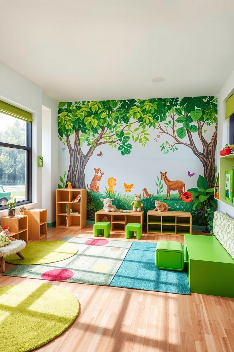 A nature-themed mural adorns the wall, featuring lush greenery and playful animals that inspire creativity. The room is filled with soft, colorful rugs and comfortable seating options, creating a cozy and inviting atmosphere for children. The playroom is designed with vibrant green accents, including furniture and decor that reflect a natural aesthetic. Large windows allow natural light to flood the space, enhancing the cheerful and whimsical environment for play and learning.