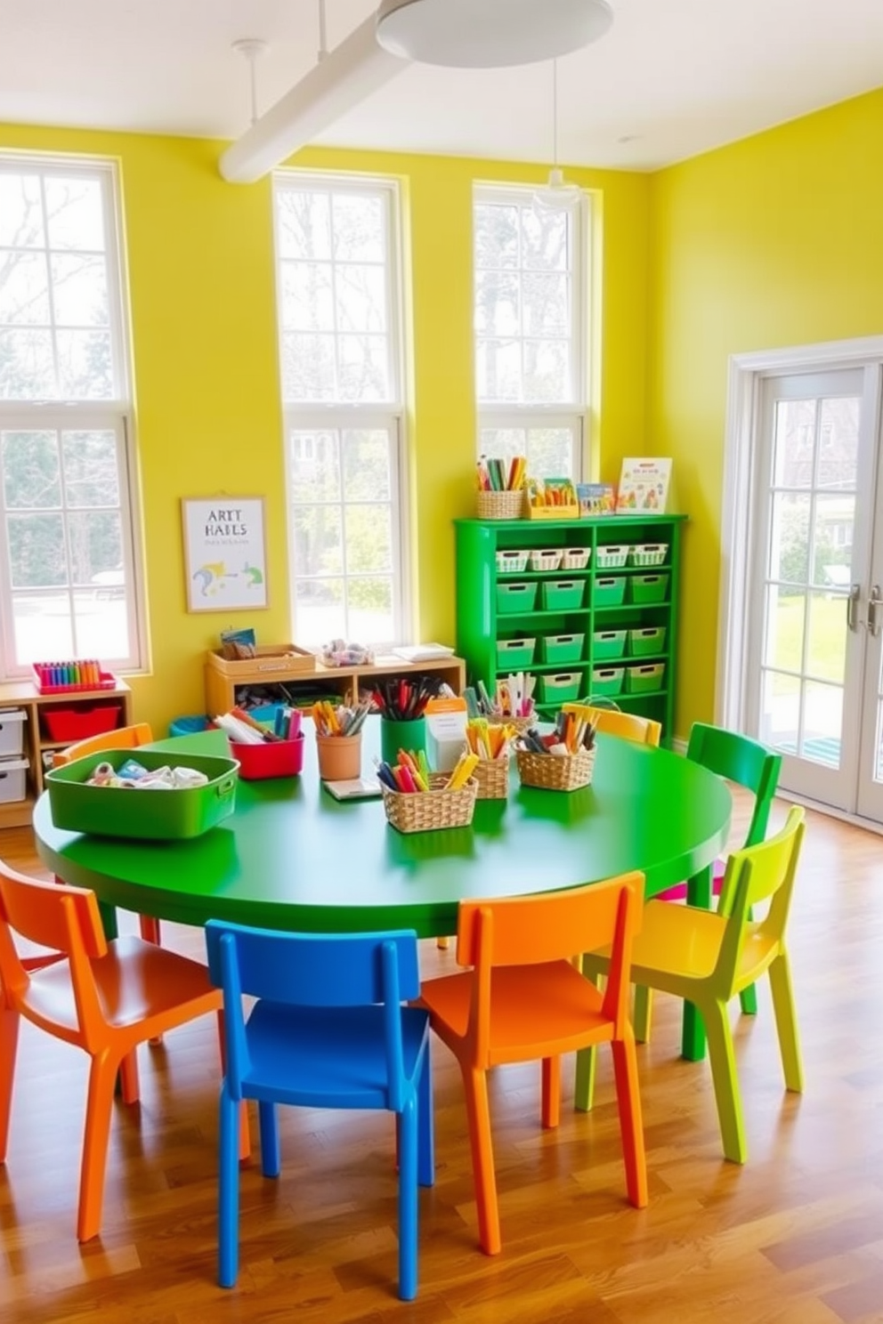 Bright green table for arts and crafts. The table is surrounded by colorful chairs and features a variety of art supplies neatly organized in baskets. The walls are painted in a soft yellow hue, creating a cheerful atmosphere. Large windows allow natural light to flood the room, enhancing the vibrant colors of the decor.