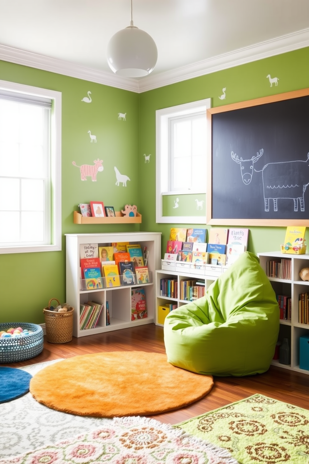 A vibrant playroom filled with natural light. The walls are painted in a cheerful green, adorned with playful animal decals and a chalkboard section for creativity. A cozy reading nook features a plush bean bag chair in bright colors, surrounded by shelves filled with children's books. Soft rugs in various shades of green and blue cover the floor, creating a comfortable space for play and imagination.