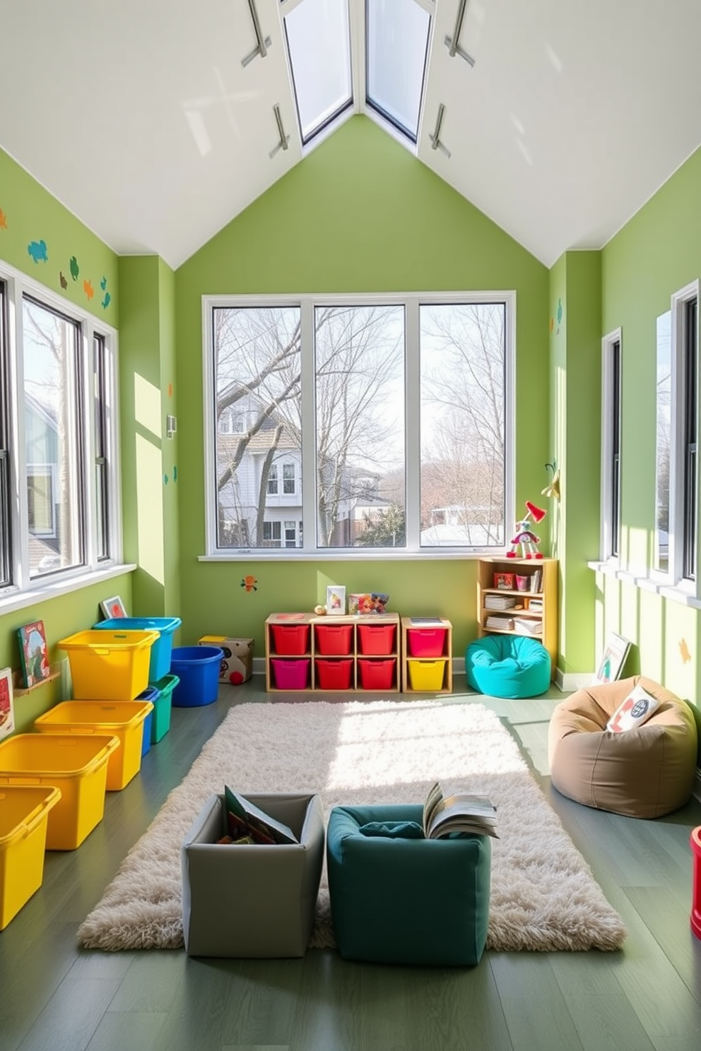 A vibrant playroom filled with natural light from floor-to-ceiling windows. The walls are painted in a cheerful green shade, featuring playful wall decals and a soft, plush rug in the center. Colorful storage bins are neatly arranged, providing easy access to toys and games. A cozy reading nook with bean bags and a small bookshelf invites children to explore their favorite stories.