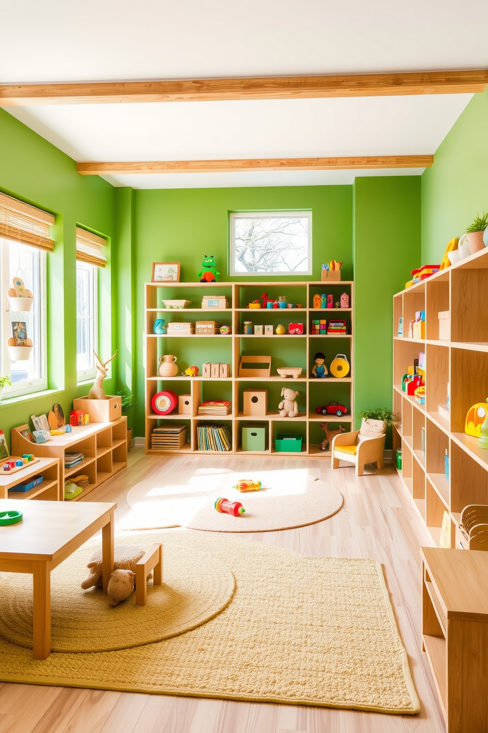 A vibrant playroom filled with eco-friendly materials. The walls are painted in a cheerful green hue, complemented by natural wood shelving and furniture. Soft, organic rugs provide a cozy area for play, while large windows allow ample natural light to flood the room. Colorful, non-toxic toys are neatly arranged on the shelves, promoting a fun and safe environment for children.