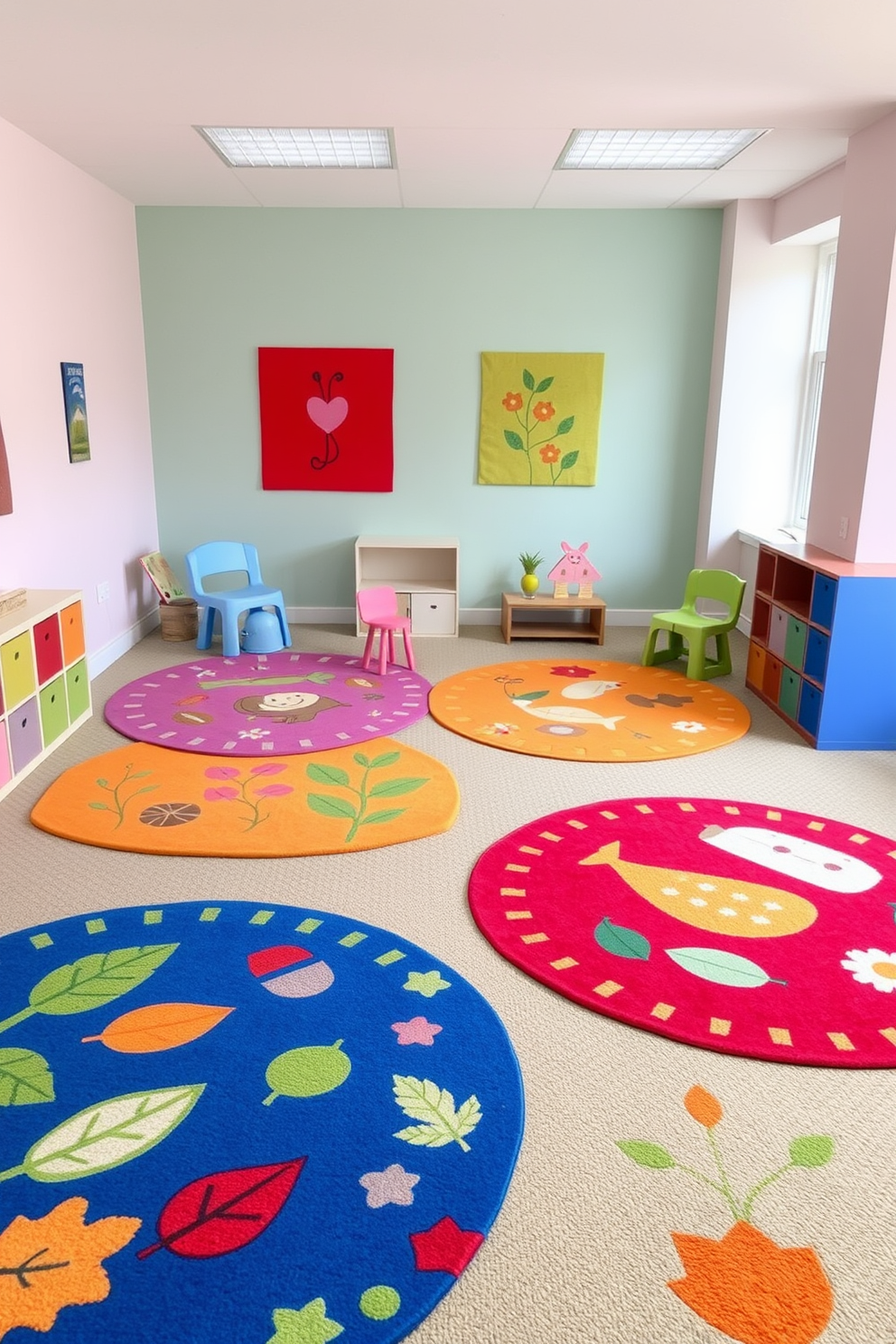 A vibrant playroom filled with colorful rugs featuring nature motifs such as leaves, flowers, and animals. The walls are painted in soft pastel colors, creating a cheerful and inviting atmosphere for children.