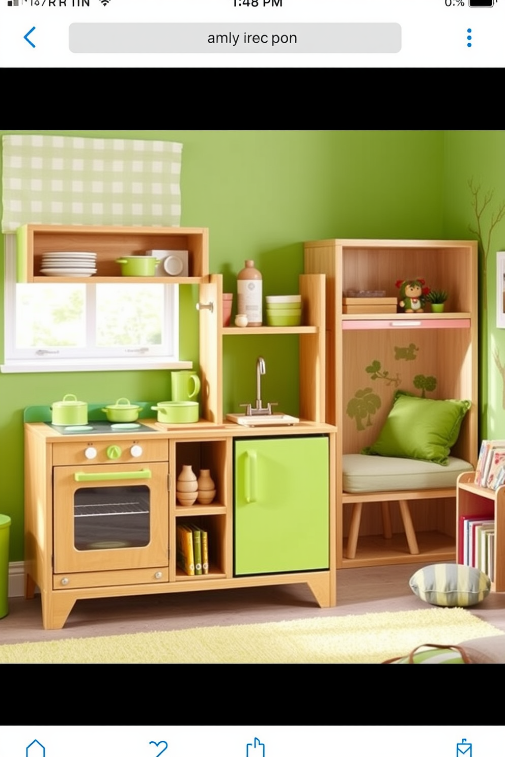 A vibrant play kitchen designed for imaginative play features a bright green color palette with wooden accents. The kitchen includes a miniature stove, sink, and refrigerator, all in cheerful shades of green, with playful accessories like colorful pots and pans. The green playroom is filled with soft furnishings and toys that encourage creativity and exploration. A cozy reading nook with green cushions and a small bookshelf complements the playful atmosphere, while wall decals of trees and animals add a whimsical touch.