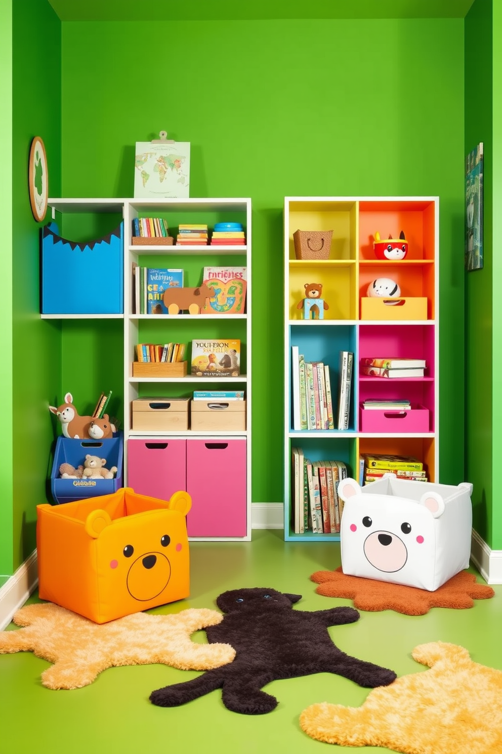 Animal shaped storage bins are strategically placed around the room providing both functionality and a playful aesthetic. The walls are painted in a vibrant green hue, creating a lively atmosphere that inspires creativity and fun. Soft, plush rugs in animal shapes add comfort underfoot while enhancing the whimsical theme. Brightly colored shelving units display books and toys, encouraging organization and easy access for children.