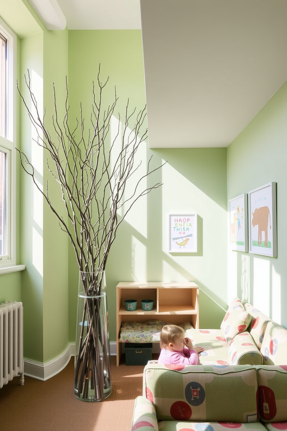 A vibrant playroom filled with natural light features a soft green color palette. Decorative tree branches are arranged in a tall vase, adding a touch of nature to the playful environment. The walls are adorned with colorful artwork that inspires creativity and imagination. Comfortable seating with playful patterns invites children to relax and enjoy their time in the space.